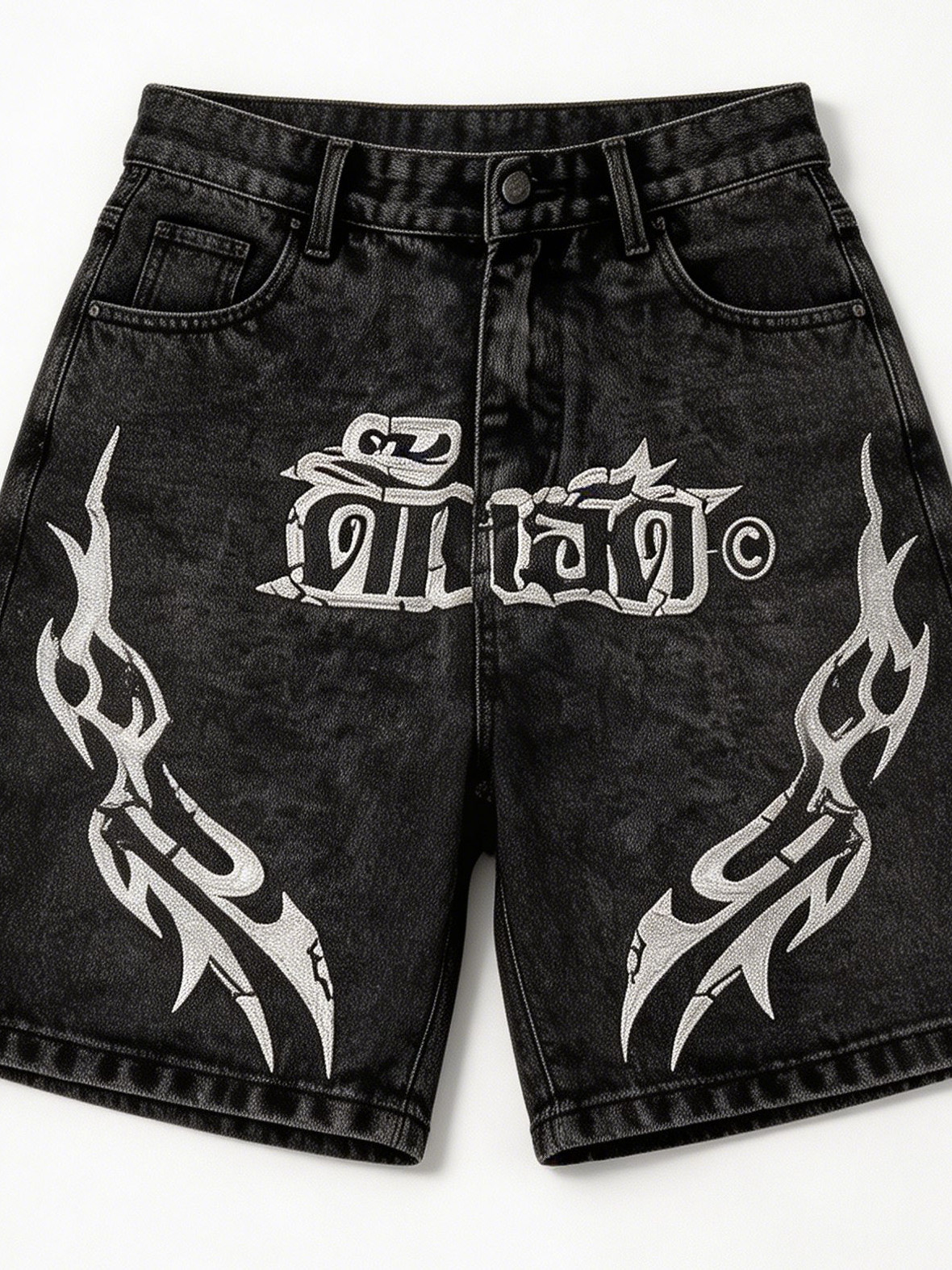 Y2K Streetwear Gothic Letter Embroidery Washed Black Denim Shorts Jorts ZY6079