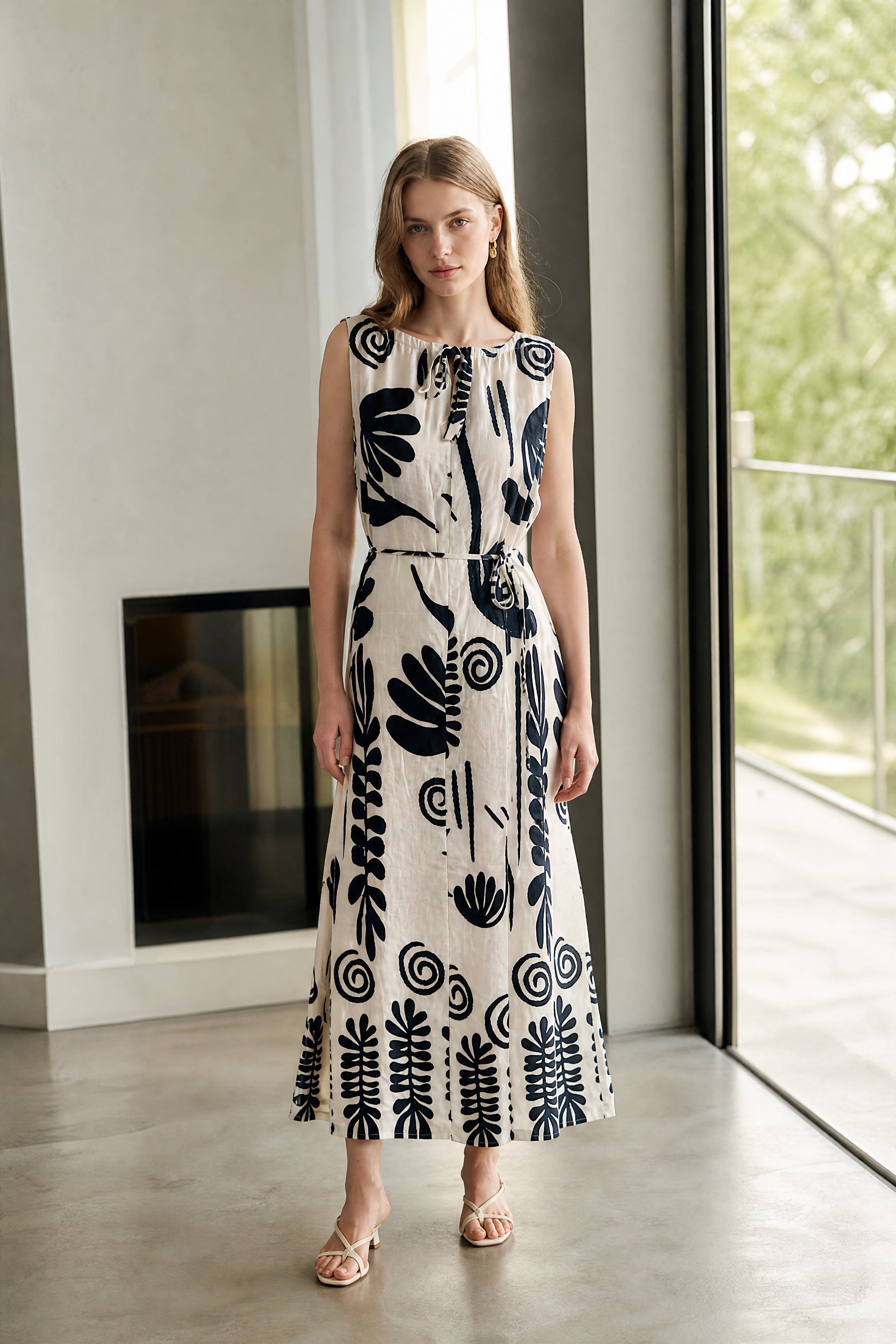 Women’s Boho Tropical Leaf Print Sleeveless Maxi Dress with Pom Pom Trim 2550