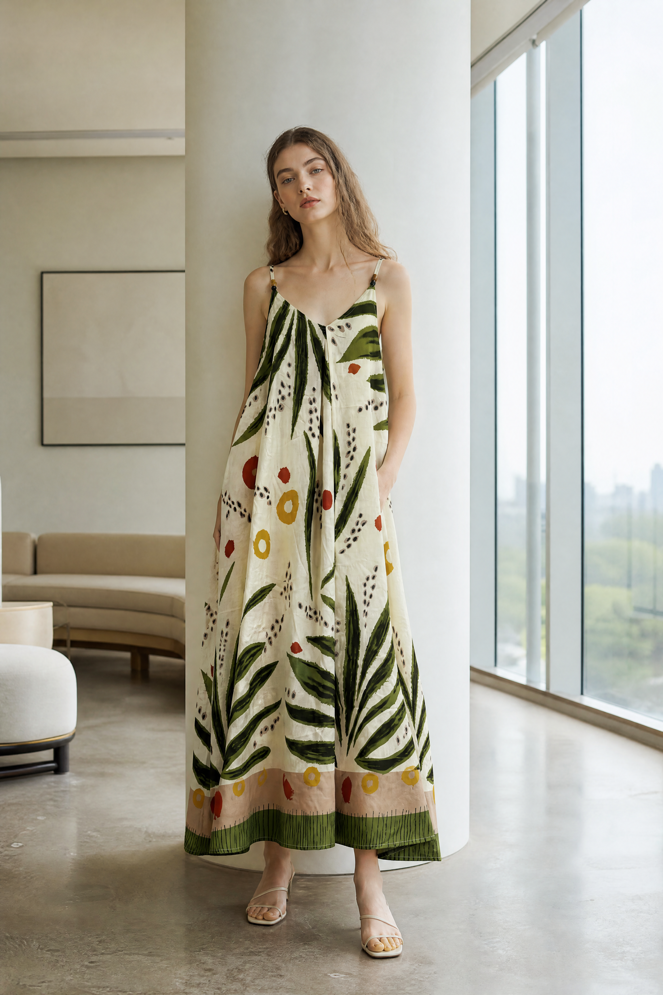 Women’s Tropical Leaf Print Halter Maxi Dress with Pom Pom Trim 2882-2