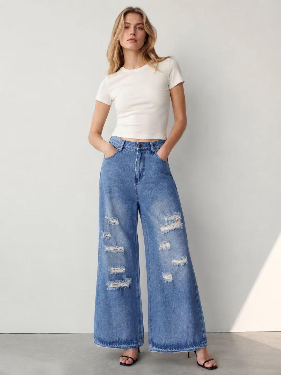 Women's Mid Wash Ripped Wide Leg Baggy Denim Pants ZY6057