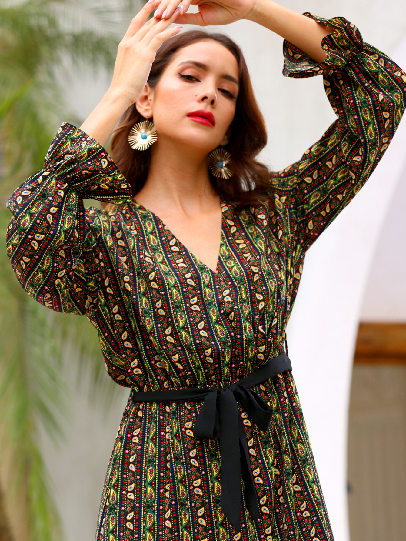 Women’s Boho Ethnic Print Belted Midi Dress W-31408