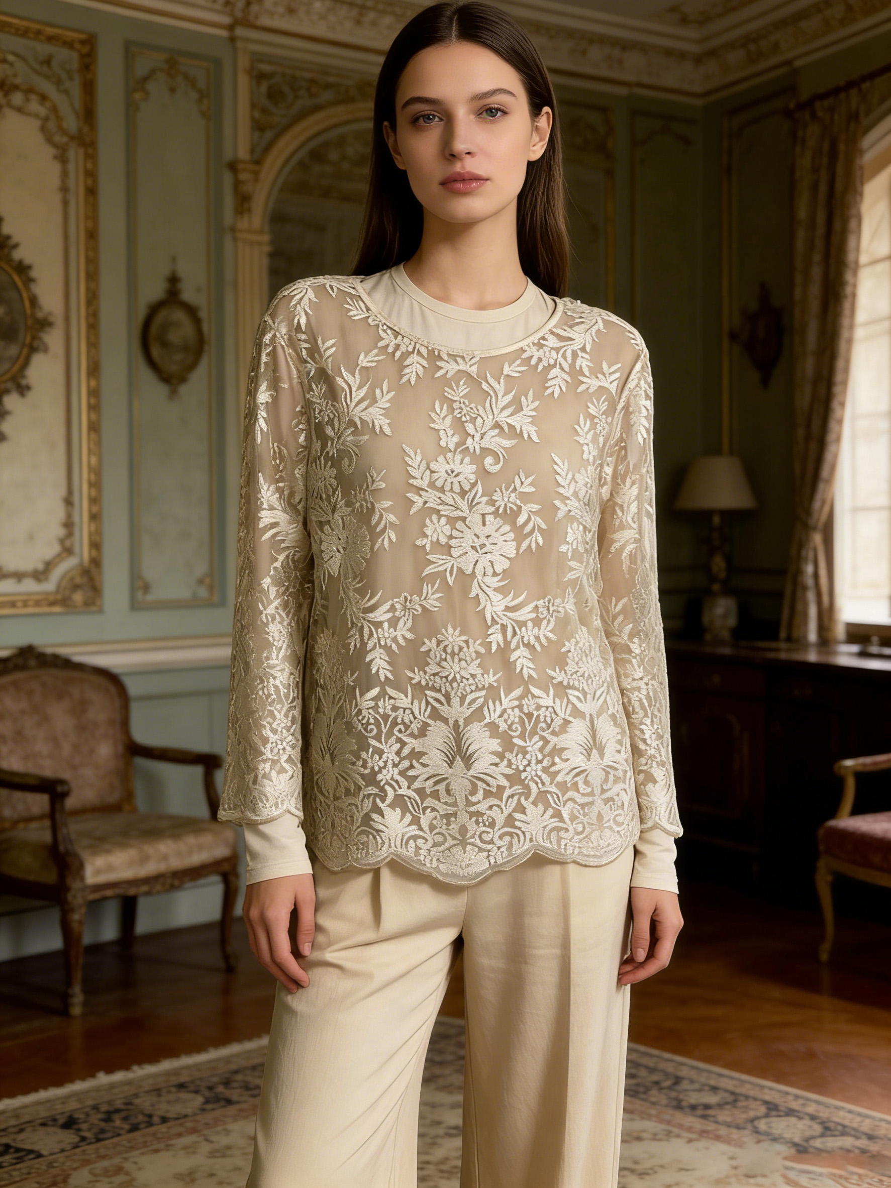Women Vintage Floral Lace 3/4 Sleeve Blouse 76595