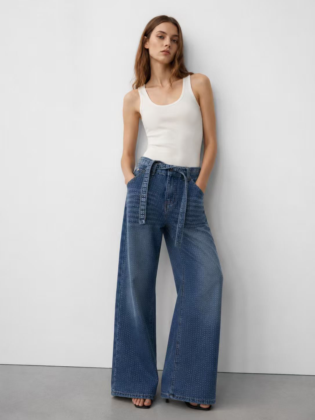 Women's Glam Rhinestone Baggy Wide Leg Denim Pants ZY6061