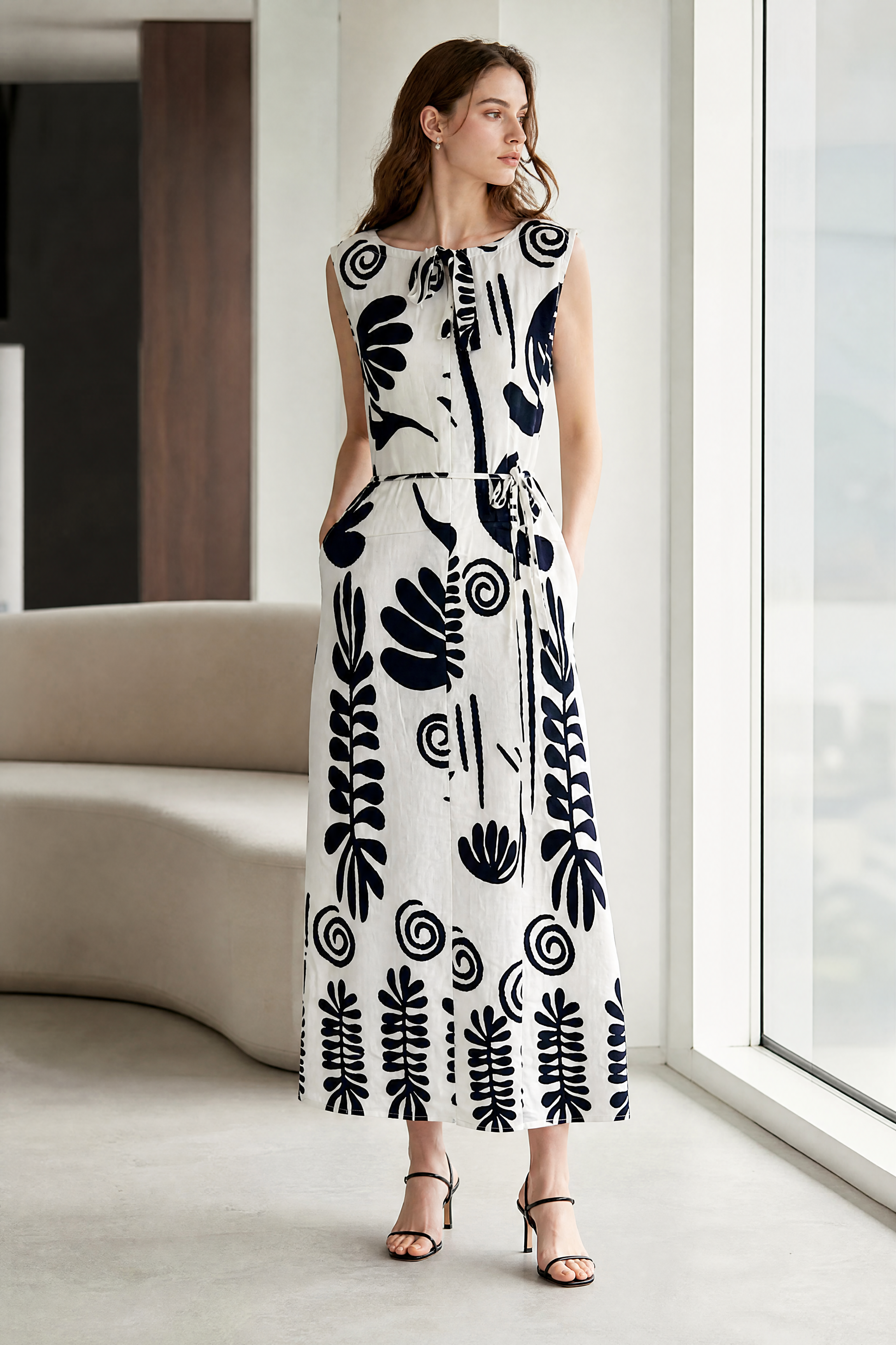 Women’s Boho Tropical Leaf Print Sleeveless Maxi Dress with Pom Pom Trim 2550