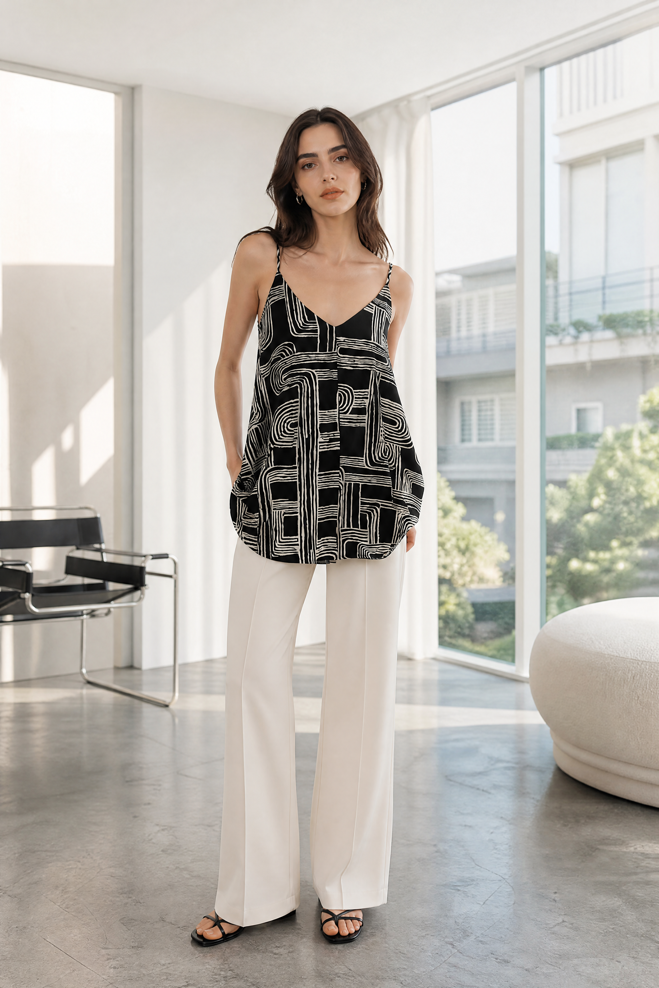 Women’s Geometric Print Spaghetti Strap Cami Top with Ruffle Hem 28011