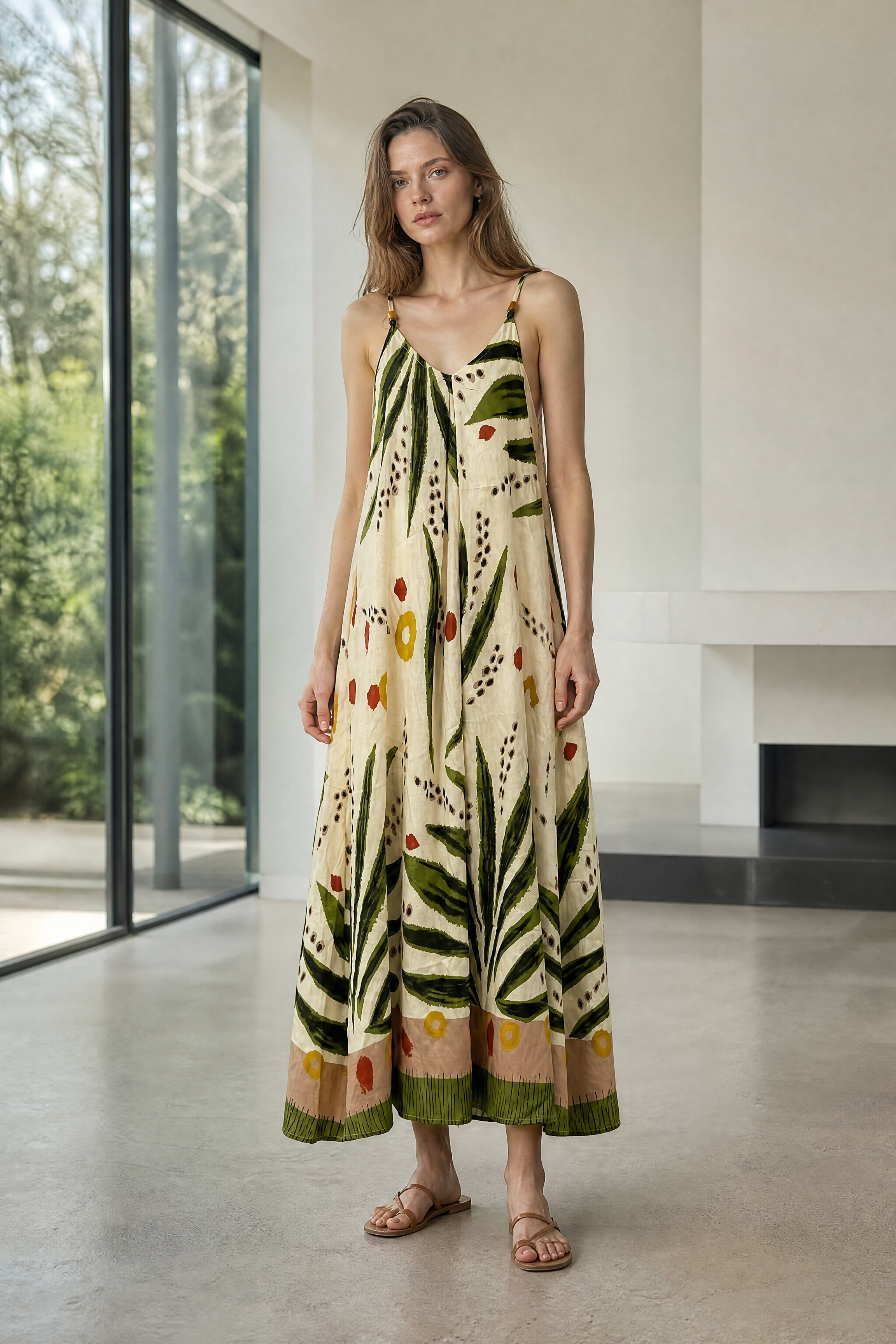 Women’s Tropical Leaf Print Halter Maxi Dress with Pom Pom Trim 2882-2