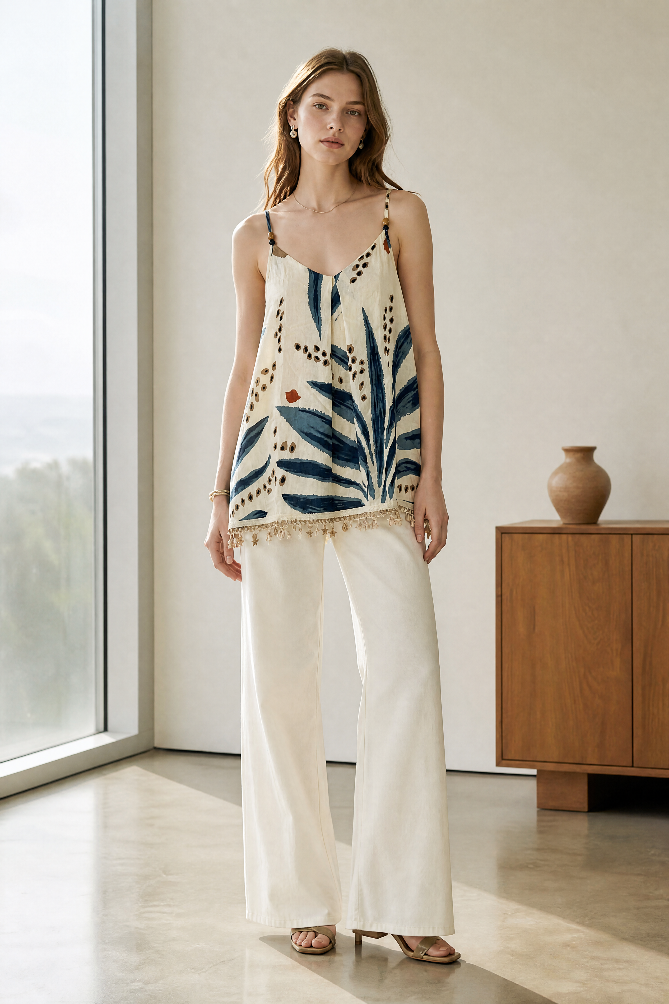 Women’s Tropical Leaf Print Spaghetti Strap Cami Top with Pom Pom Trim 2882-3