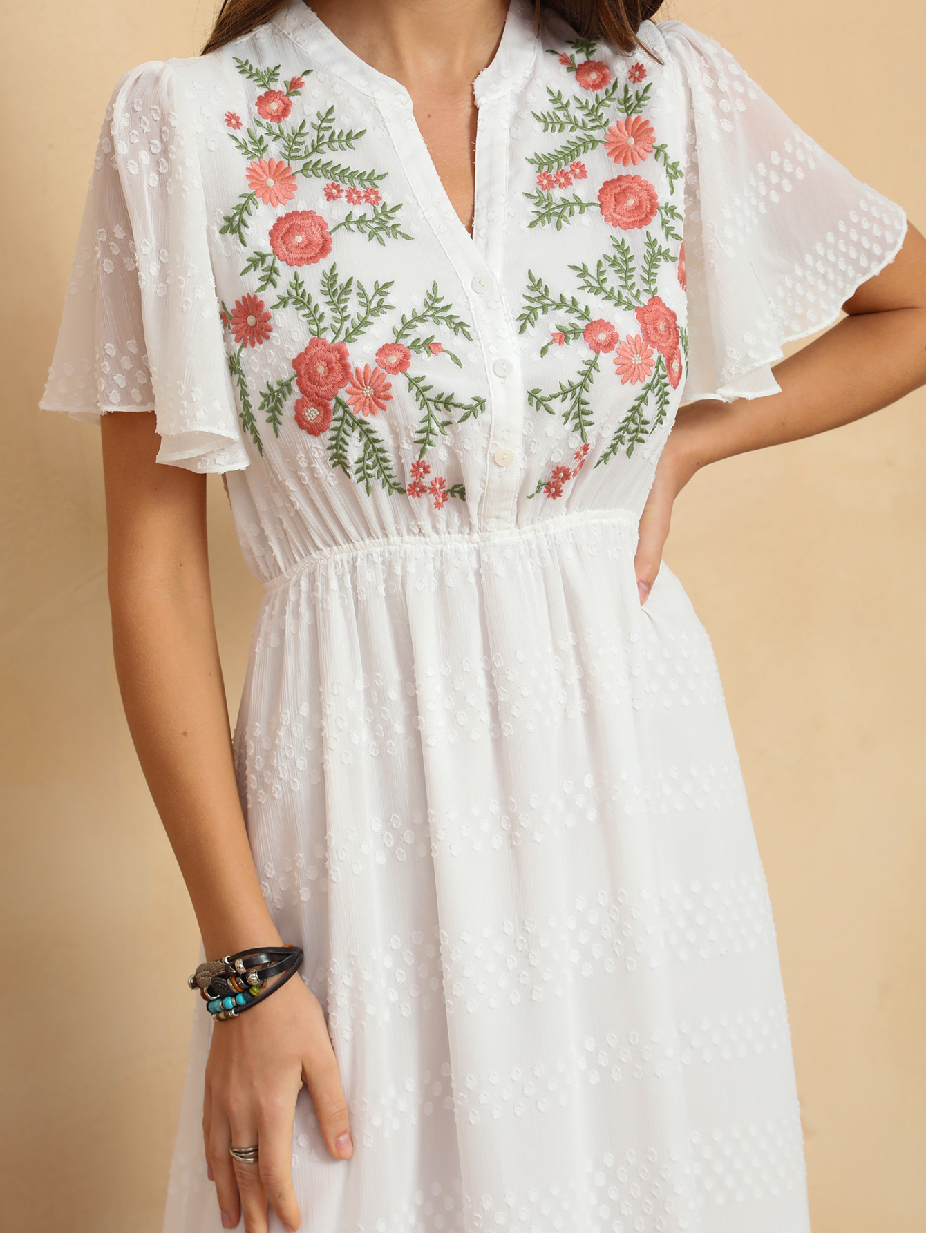 Women’s Boho Embroidered Flutter Sleeve Tiered Midi Dress D-34763