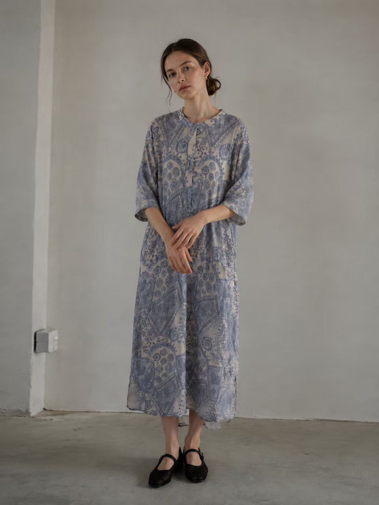Minimalist Paisley Print Half-Button Tunic Dress AN-750010