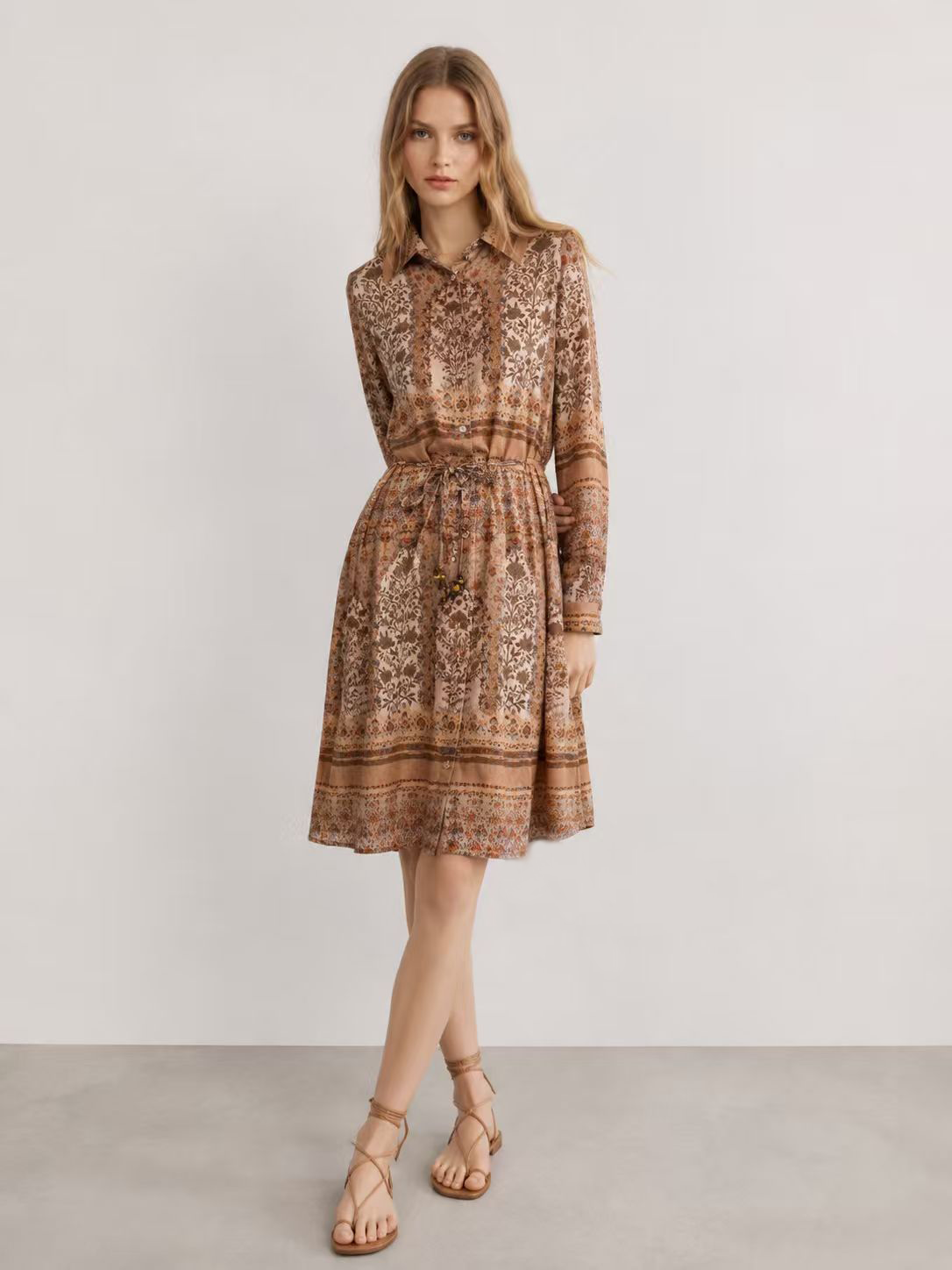 Beaded Belted Floral Print Shirt Dress - Boho Chic Dress A-43049