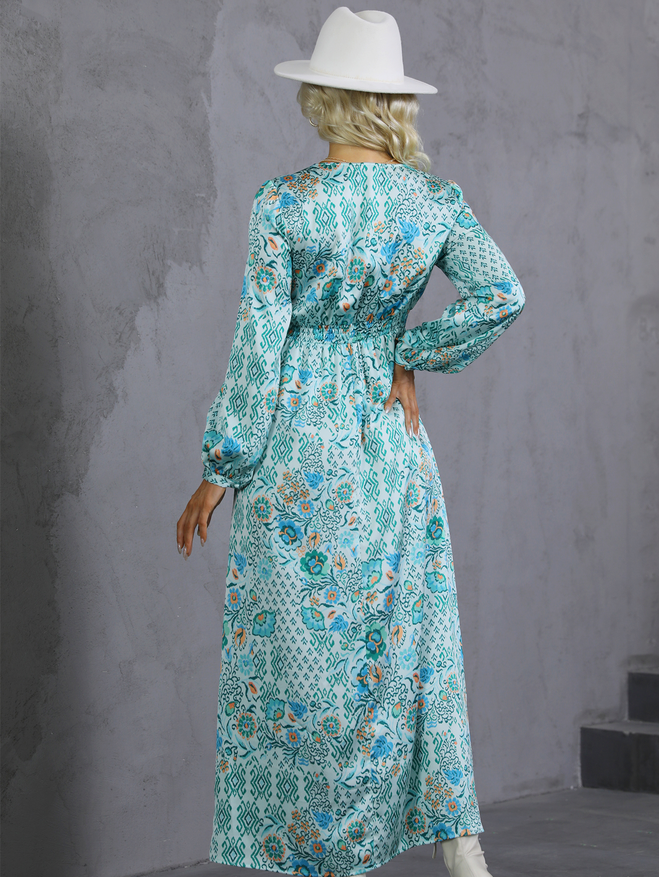 Women’s Boho Floral Print V Neck Lantern Sleeve Maxi Dress M-33082