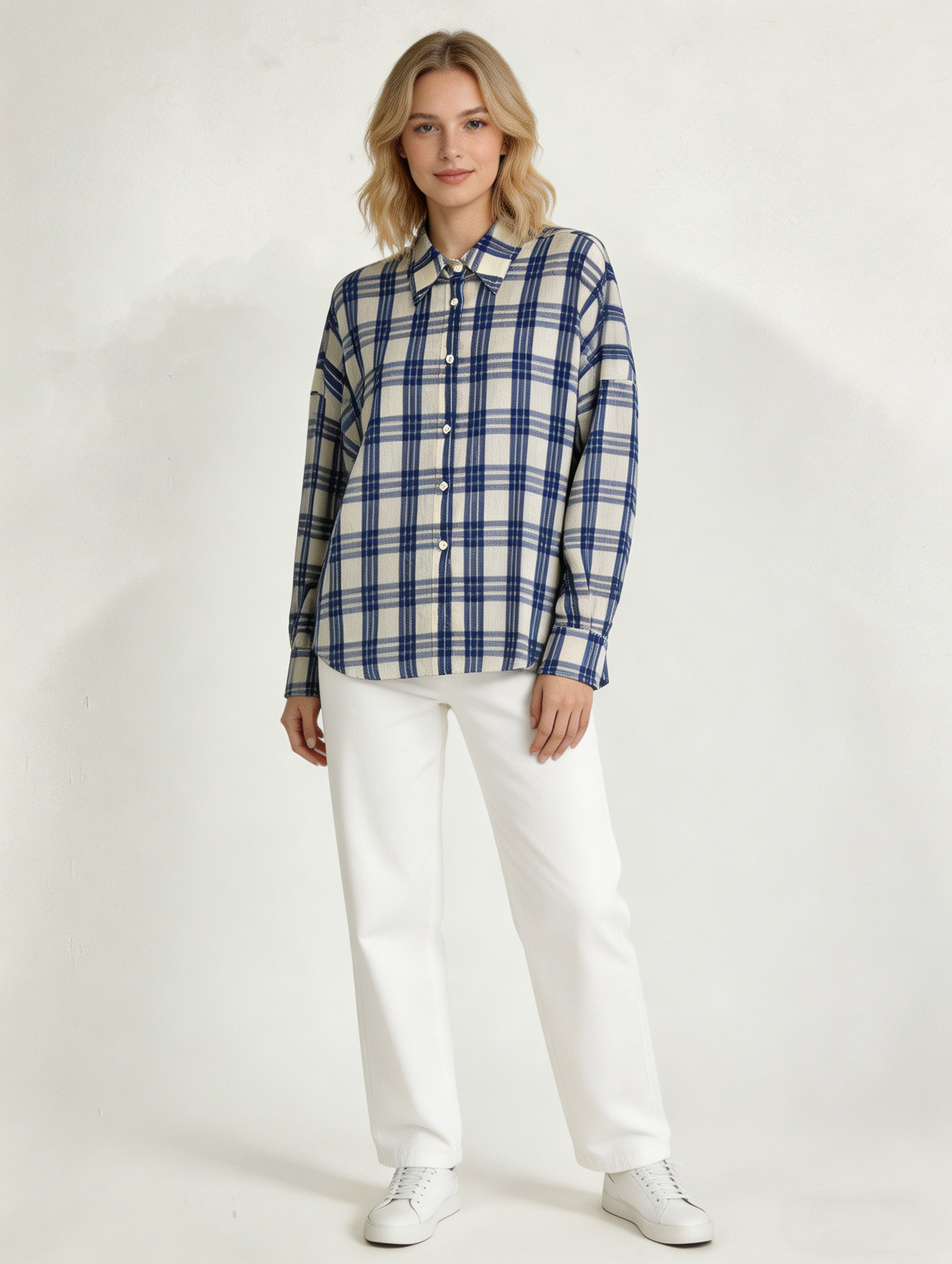 Women's Beige & Blue Plaid Oversized Collared Long Sleeve Shirt  S-2541