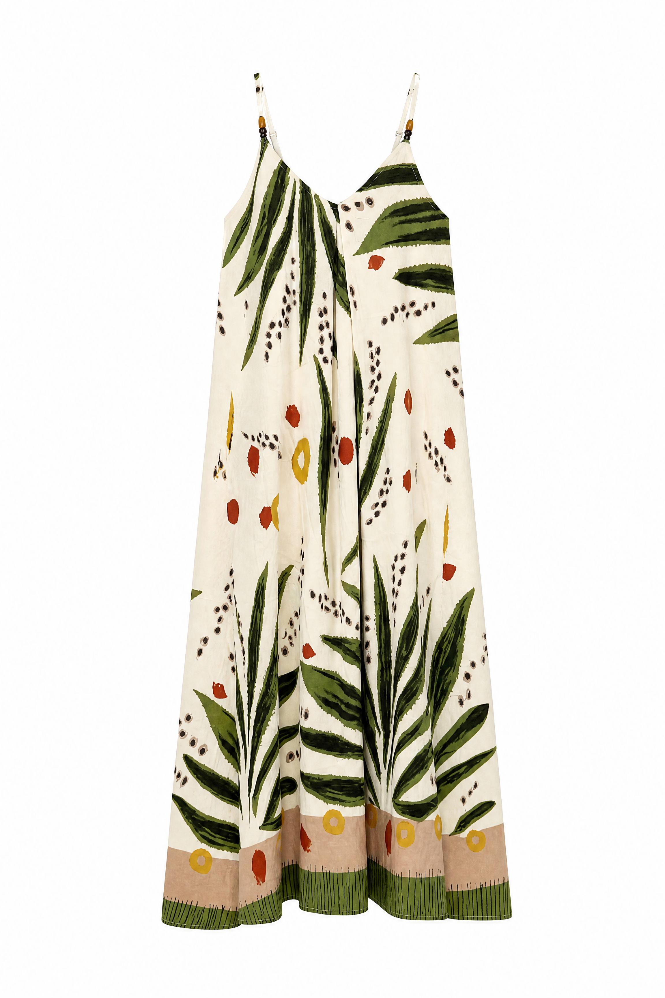 Women’s Tropical Leaf Print Halter Maxi Dress with Pom Pom Trim 2882-2