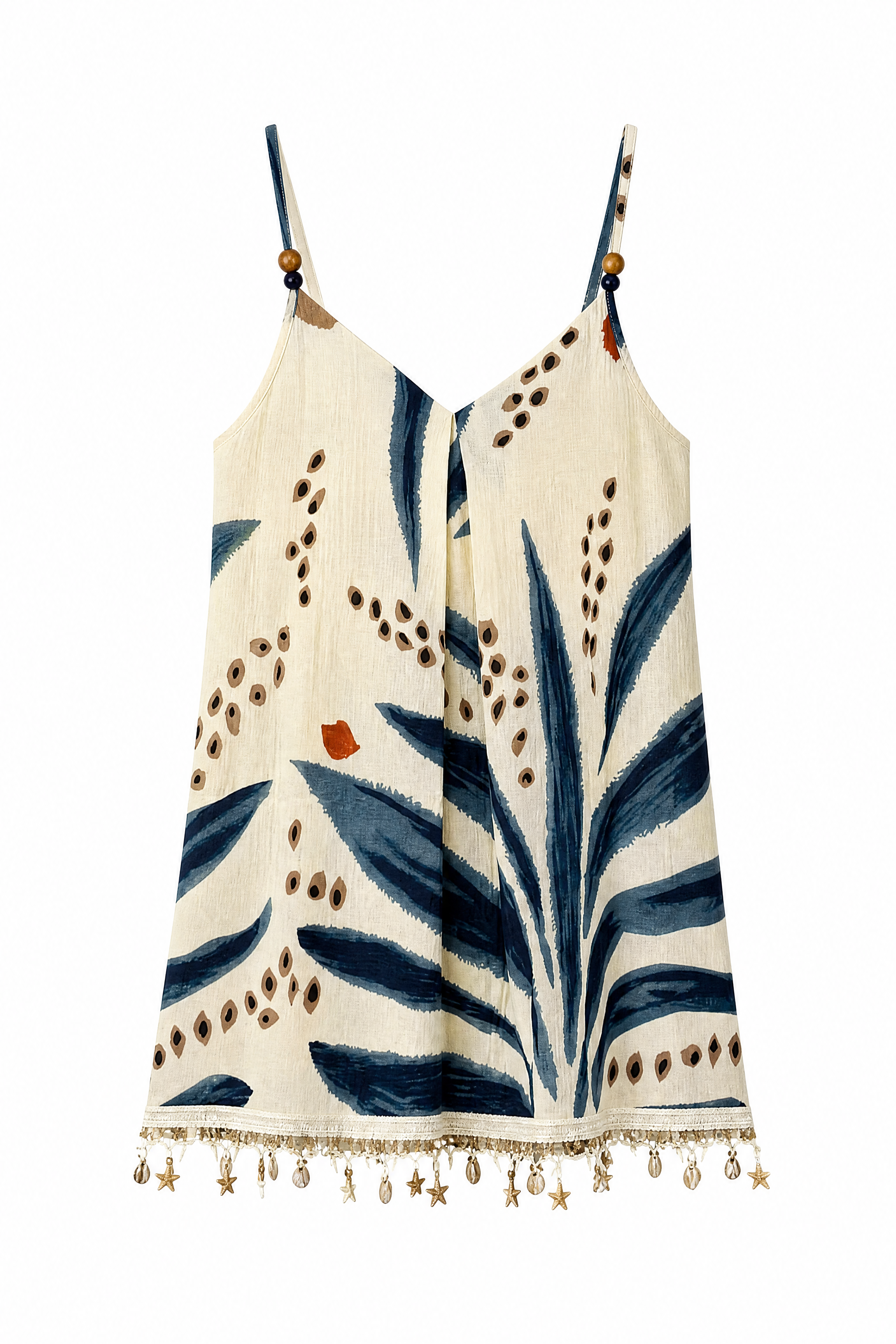 Women’s Tropical Leaf Print Spaghetti Strap Cami Top with Pom Pom Trim 2882-3