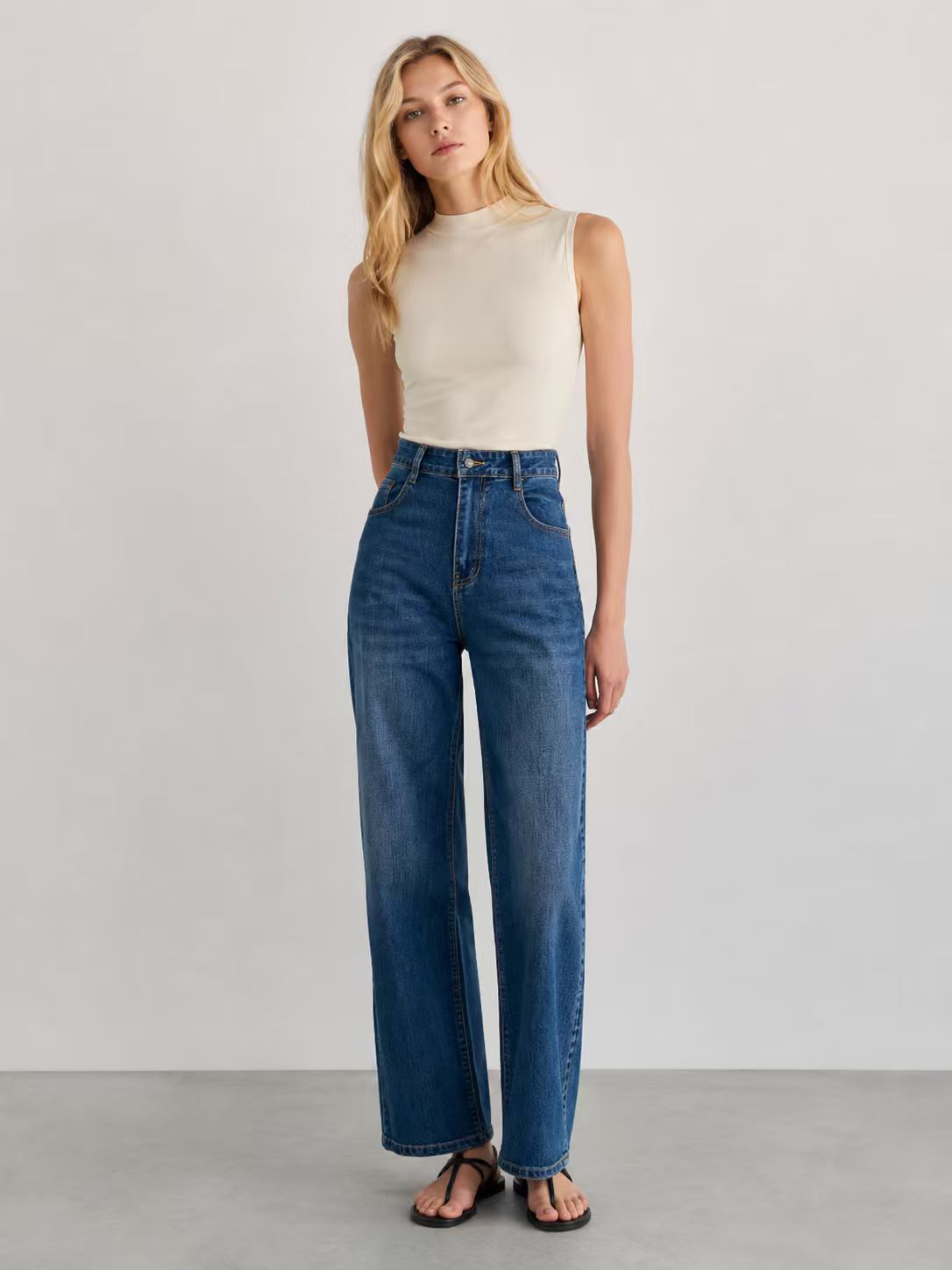 Women's Classic Mid-Blue High Waisted Straight Fit Jeans ZY6063