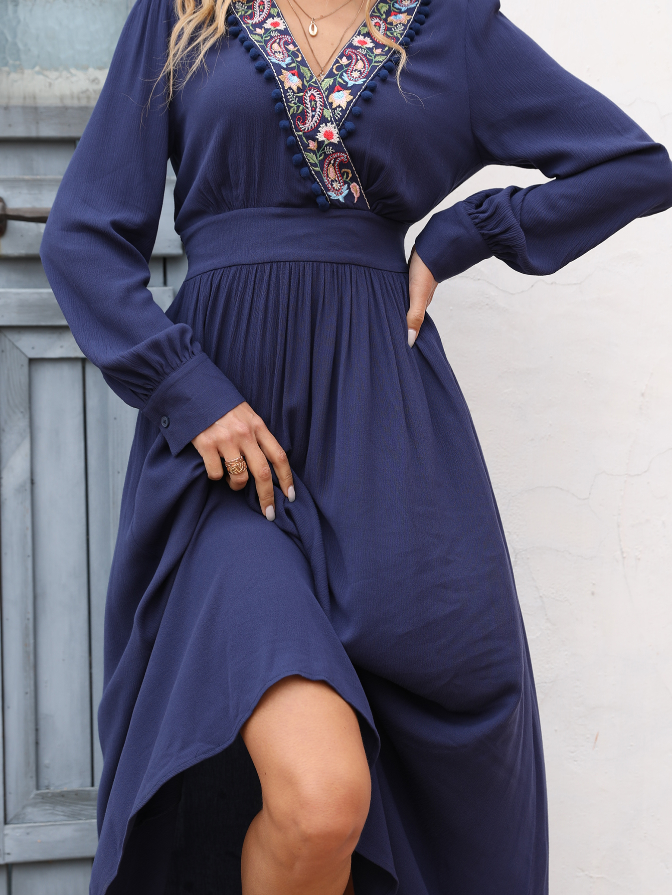 Elegant Boho Embroidered Maxi Dress for Women – Long Sleeve V Neck D-34243