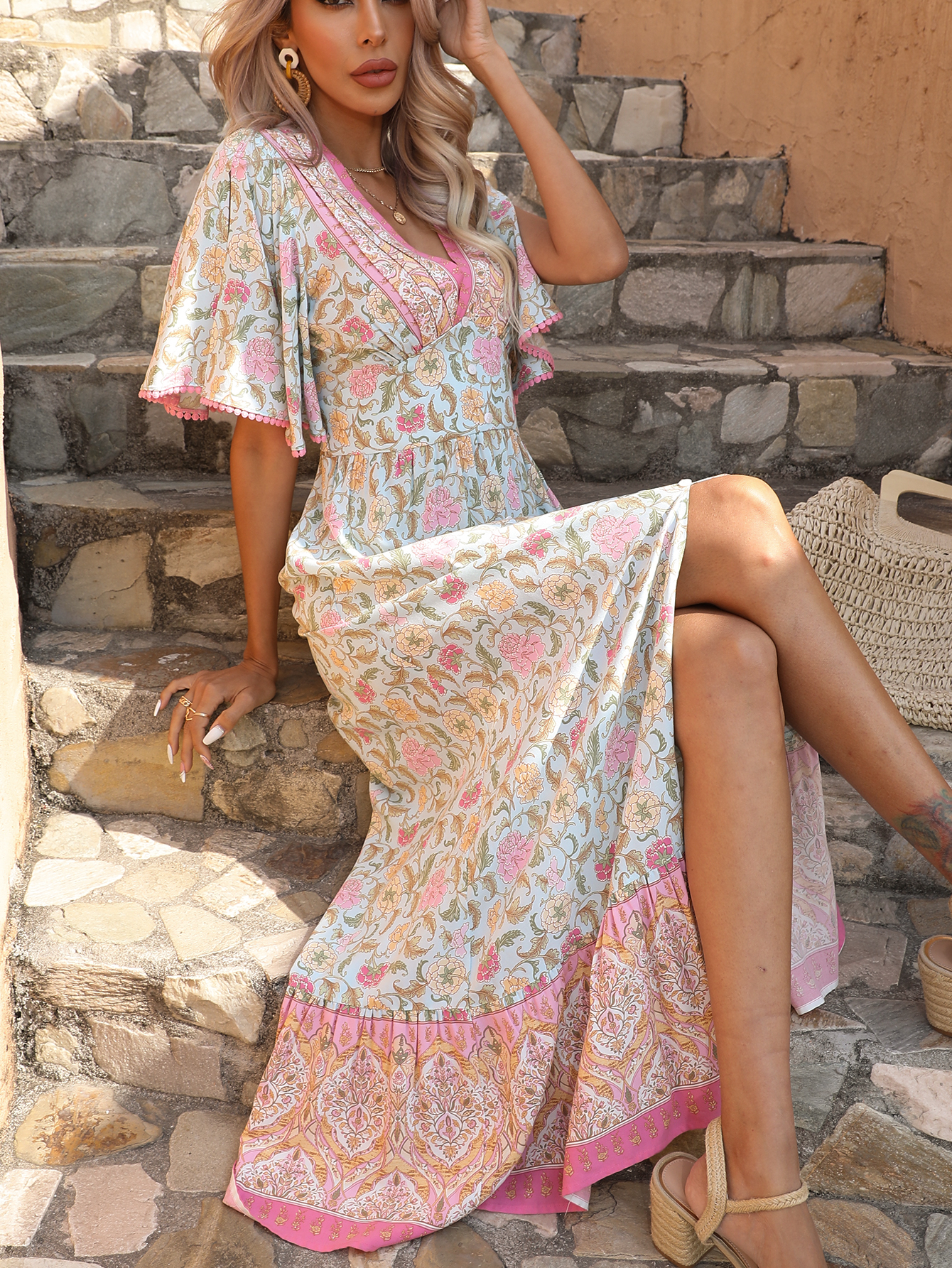 Boho Floral Embroidered V-Neck Flutter Sleeve Slit Maxi Dress W-33057