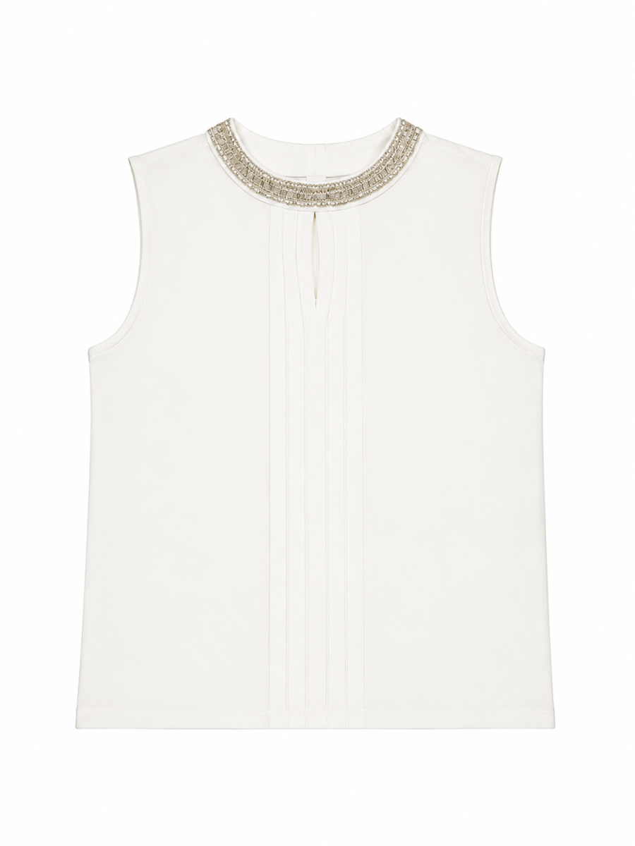Women Rhinestone‑Trim Round‑Neck Sleeveless Top W-38322