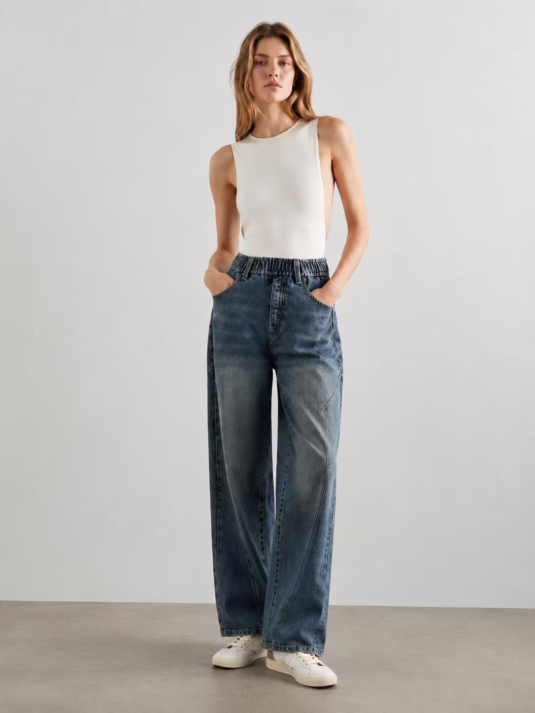 Mid-Wash High Waist Elastic Waist Wide Leg Panelled Jeans ZY6065