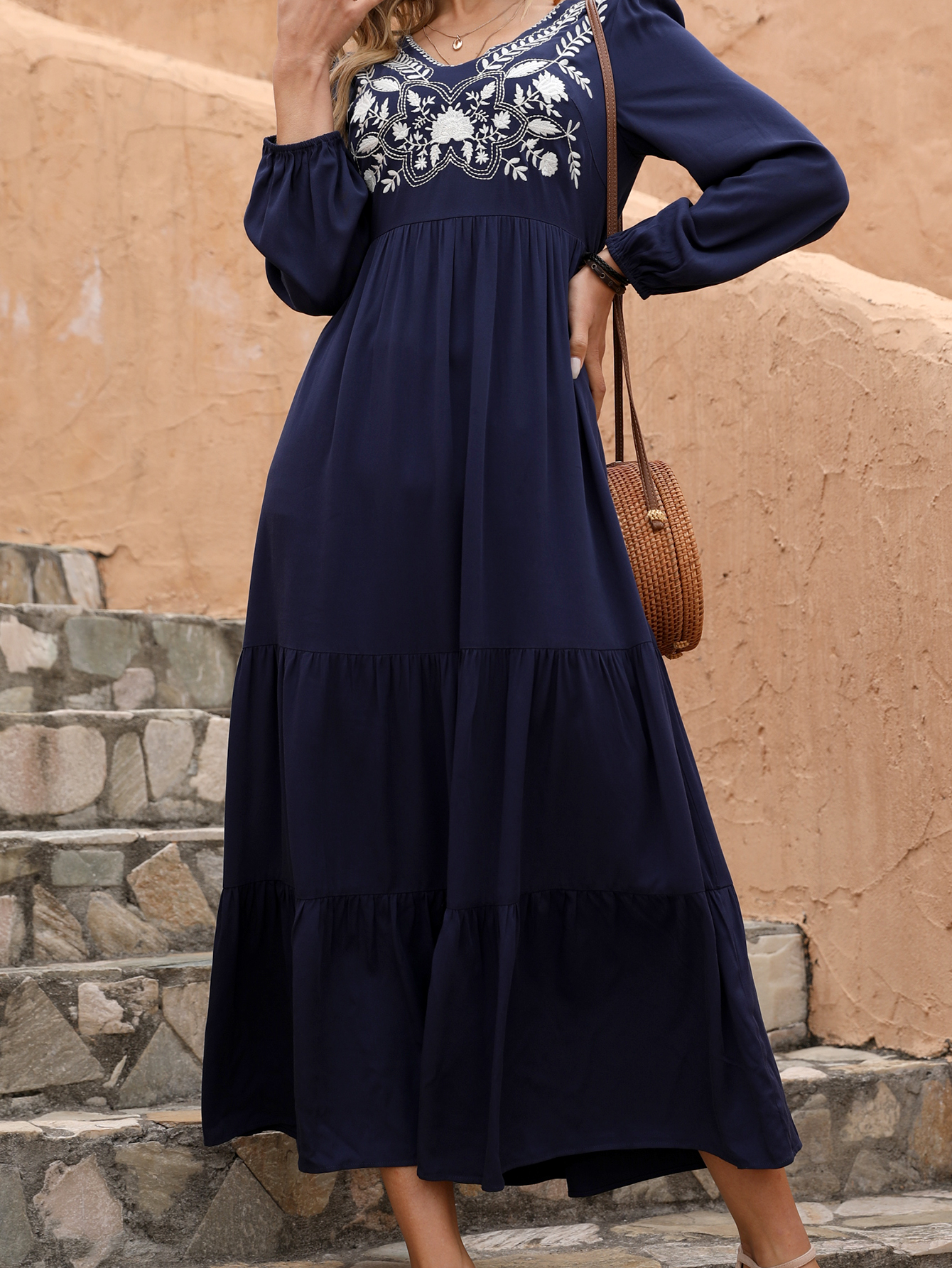 Navy Embroidered Bohemian Midi Dress for Women – Long Sleeve Fall Dress D-34131