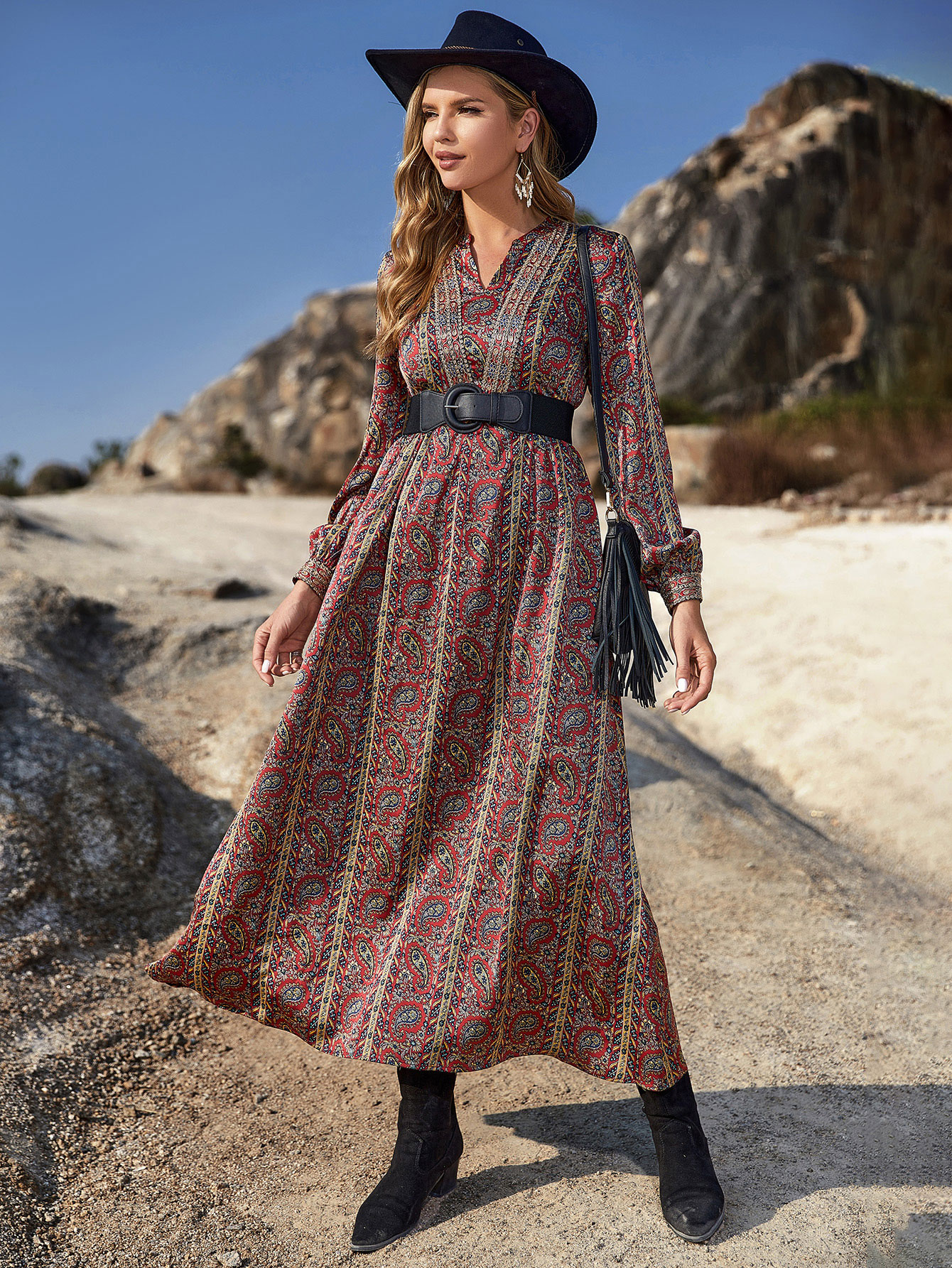 Women’s Vintage Paisley Boho Midi Dress – Long Sleeve Western Fall Style D-33800