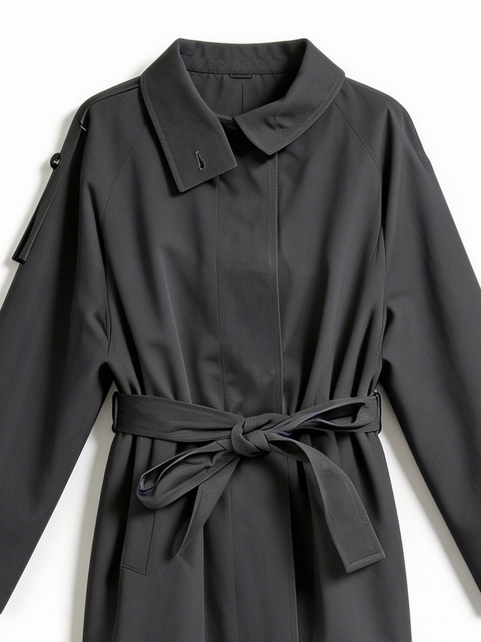 Dark Grey Belted Trench Coat with Asymmetric Collar - Long Outerwear M-42870