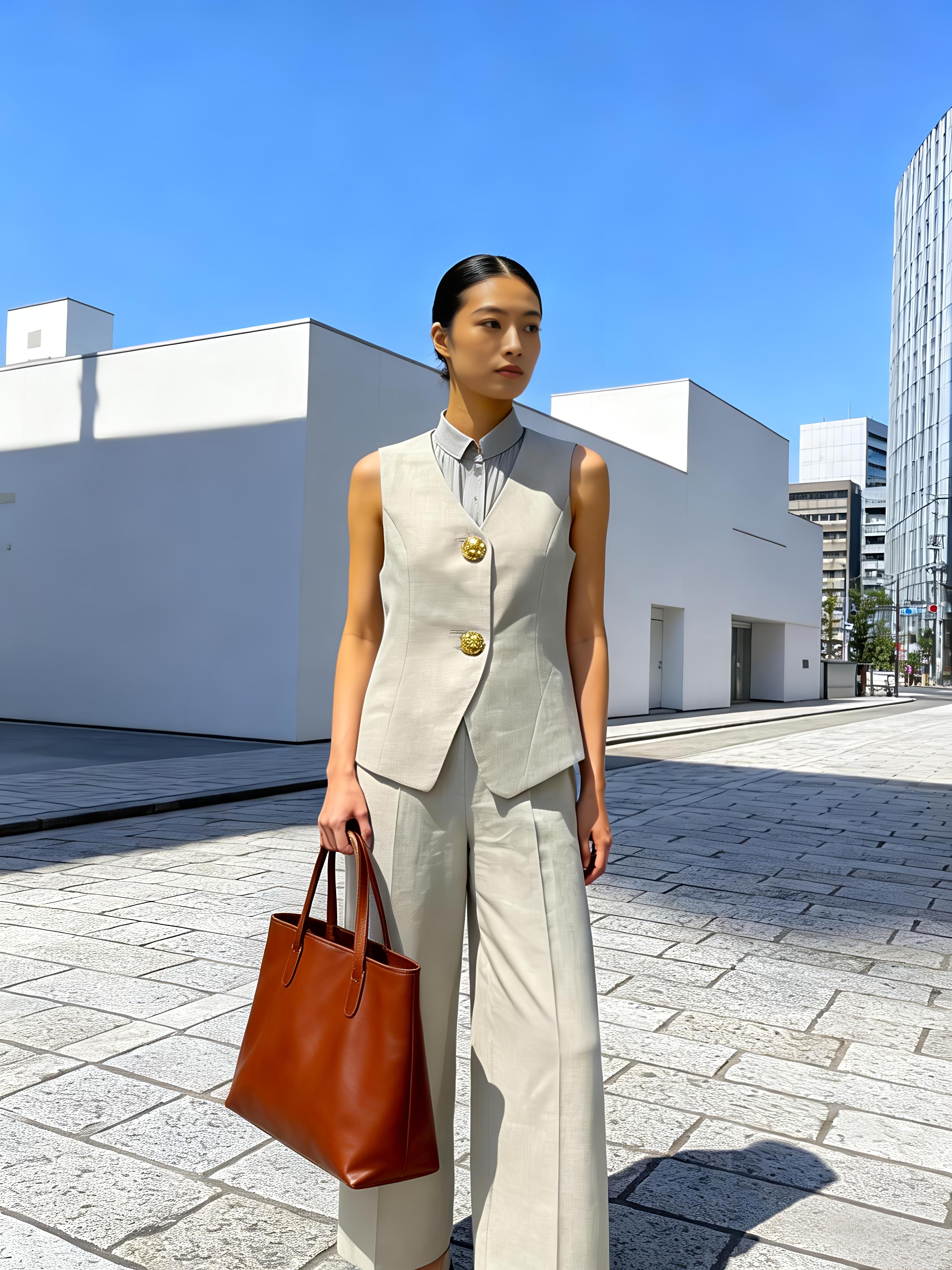 Minimalist Sage Green Suit - Oversized Gold Button Vest & Wide Leg Pants  C-41251+C-41250