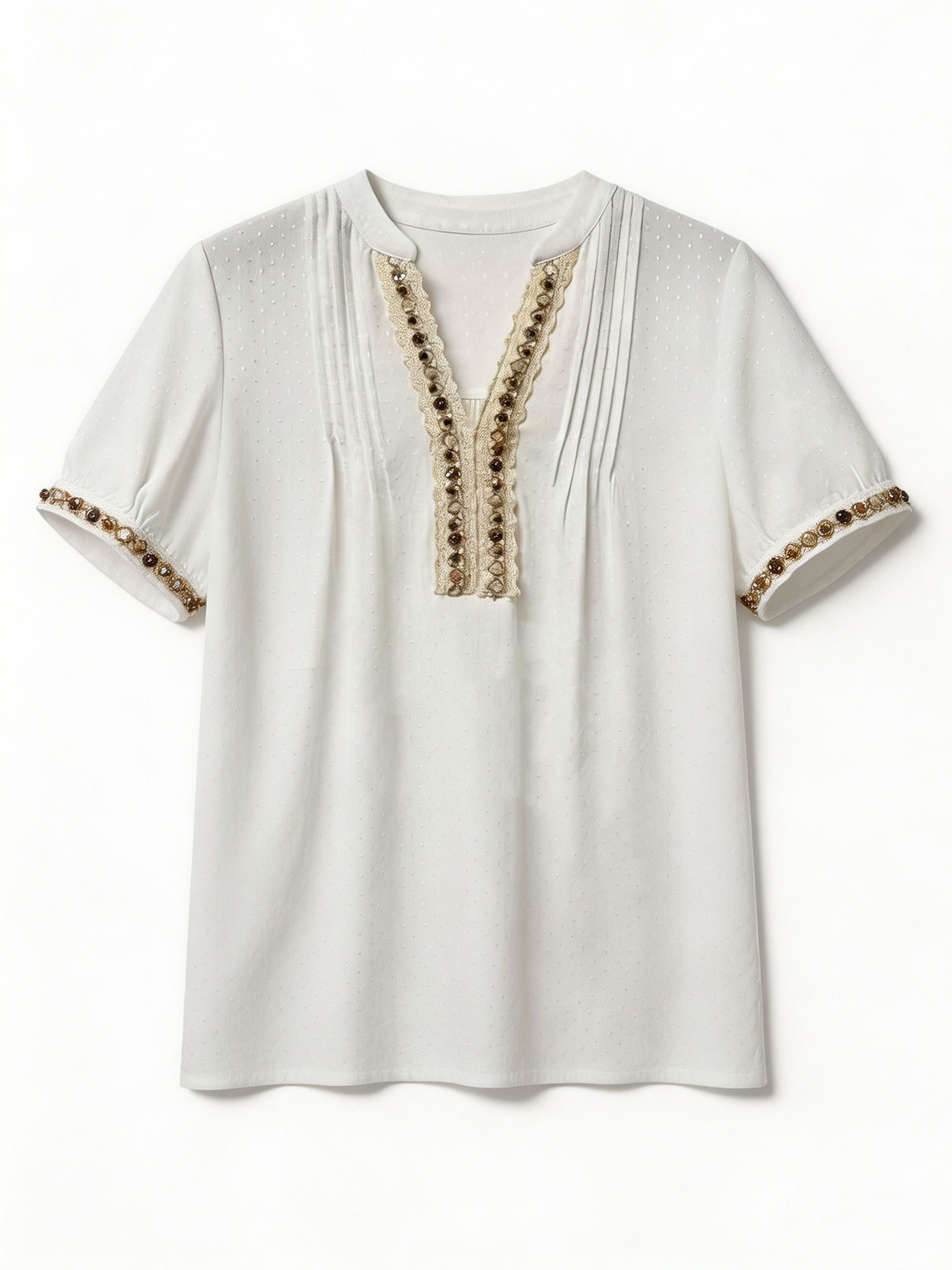 Women’s Boho Swiss Dot Lace Trim V Neck Short Sleeve Blouse D-42313