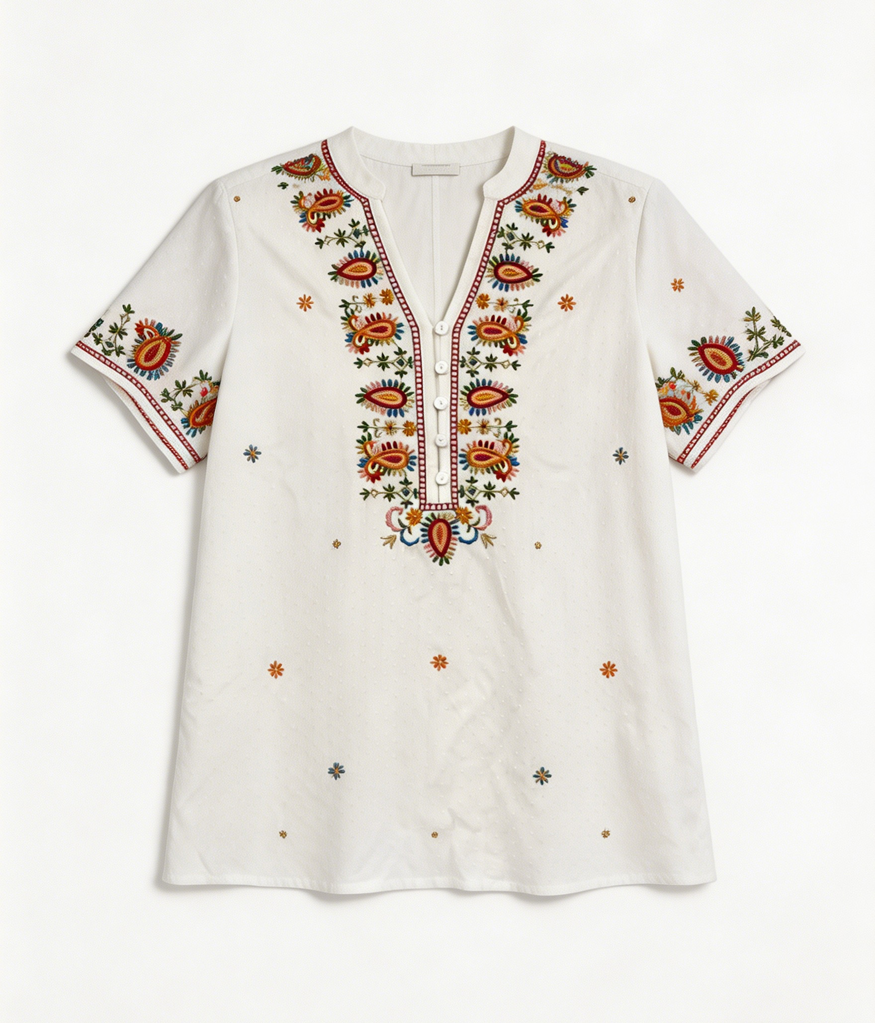 Women’s Boho Embroidered Blouse – Ethnic V Neck Loose Fit Summer Top D-42255