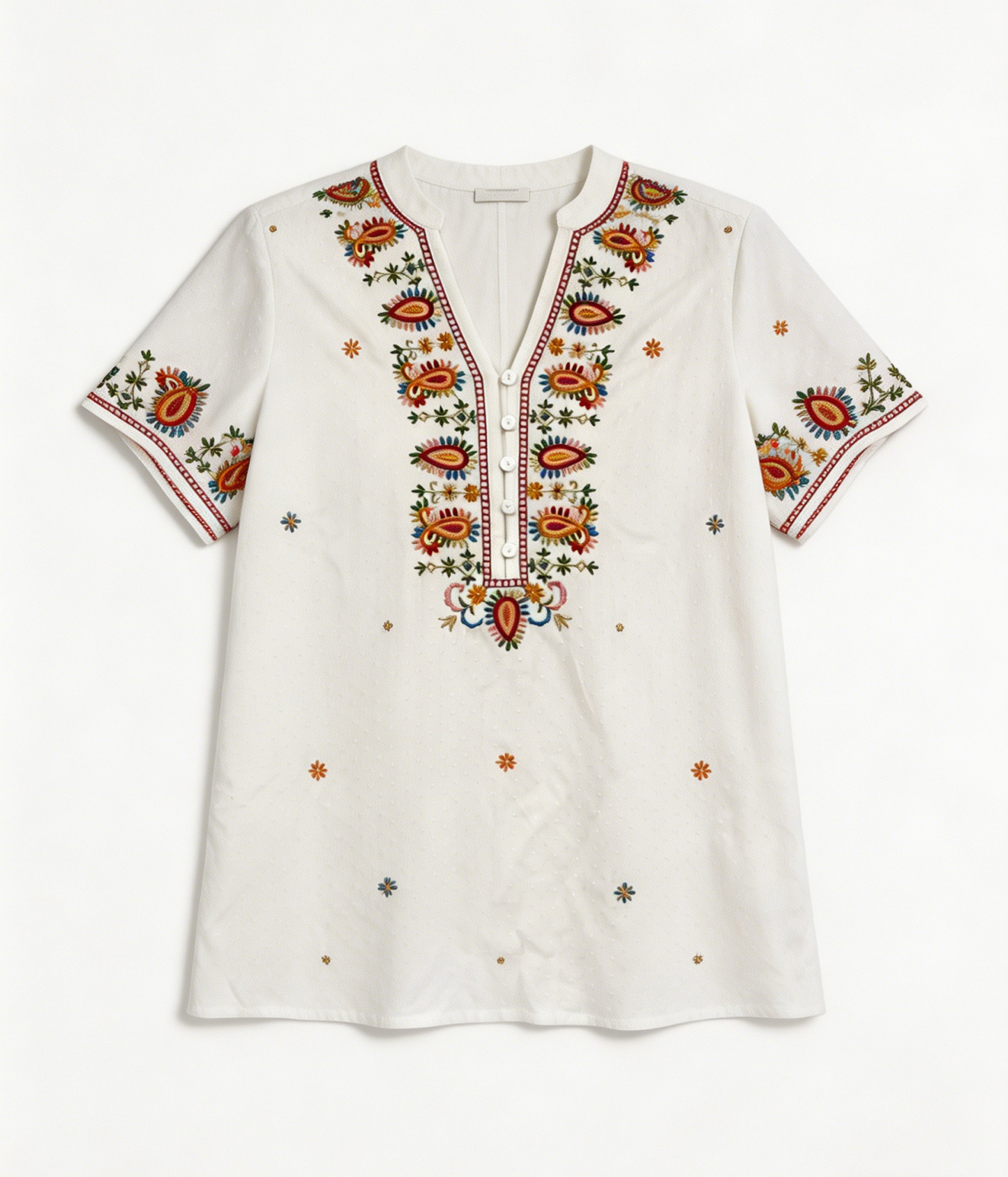 Women’s Boho Embroidered Blouse – Ethnic V Neck Loose Fit Summer Top D-42255