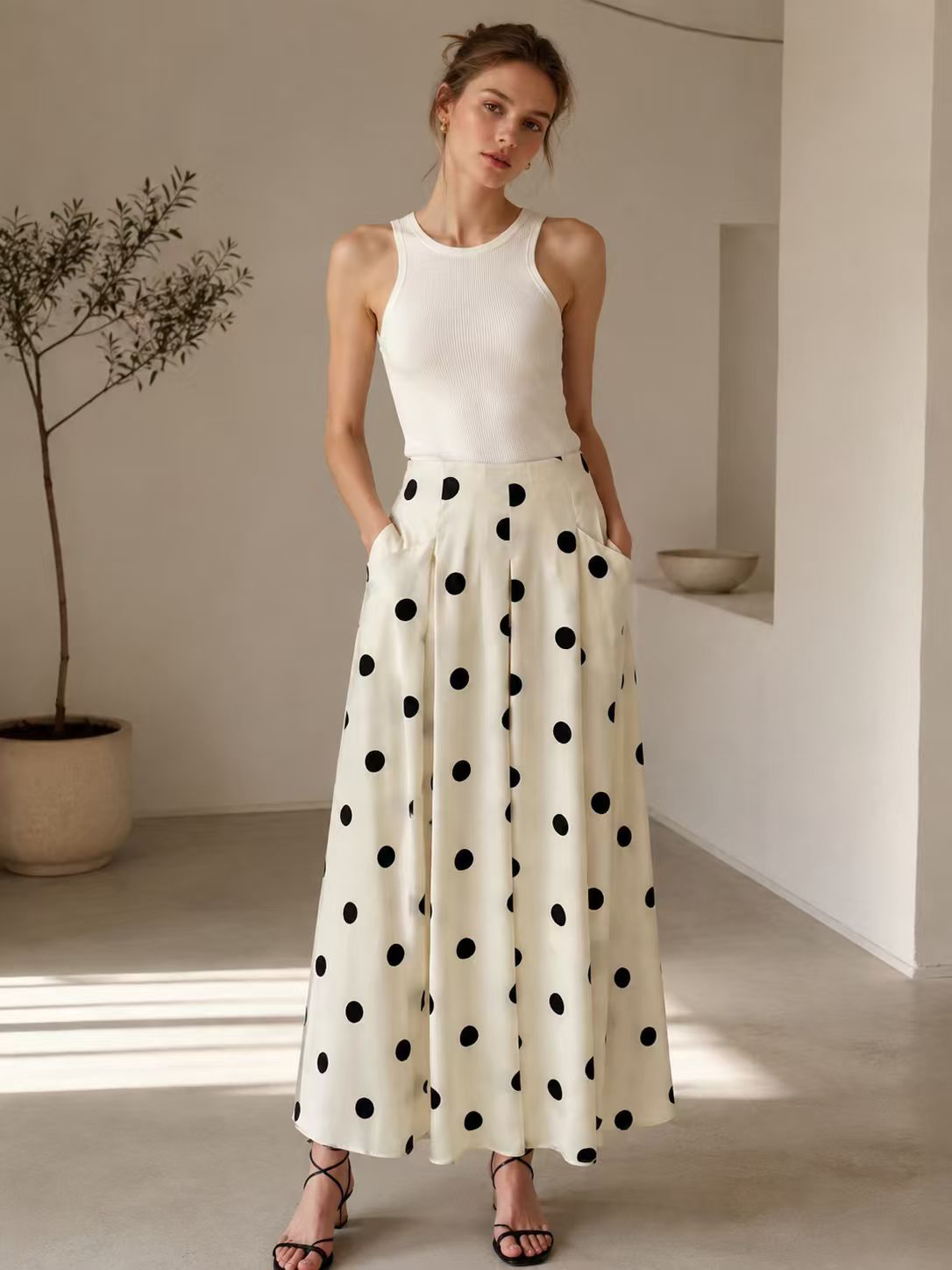 Black White Polka Dot High Waist Midi Skirt with Pockets - Retro A-Line Skirt W-38965