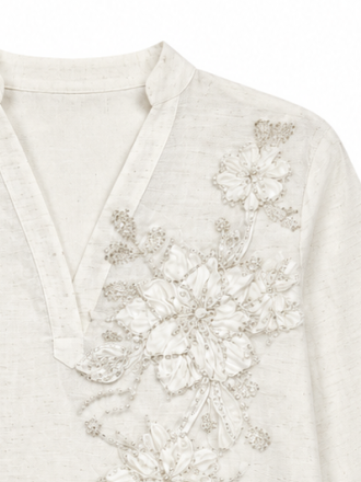 Women Off‑White Linen‑Blend V‑Neck Long Sleeve Blouse M-42895