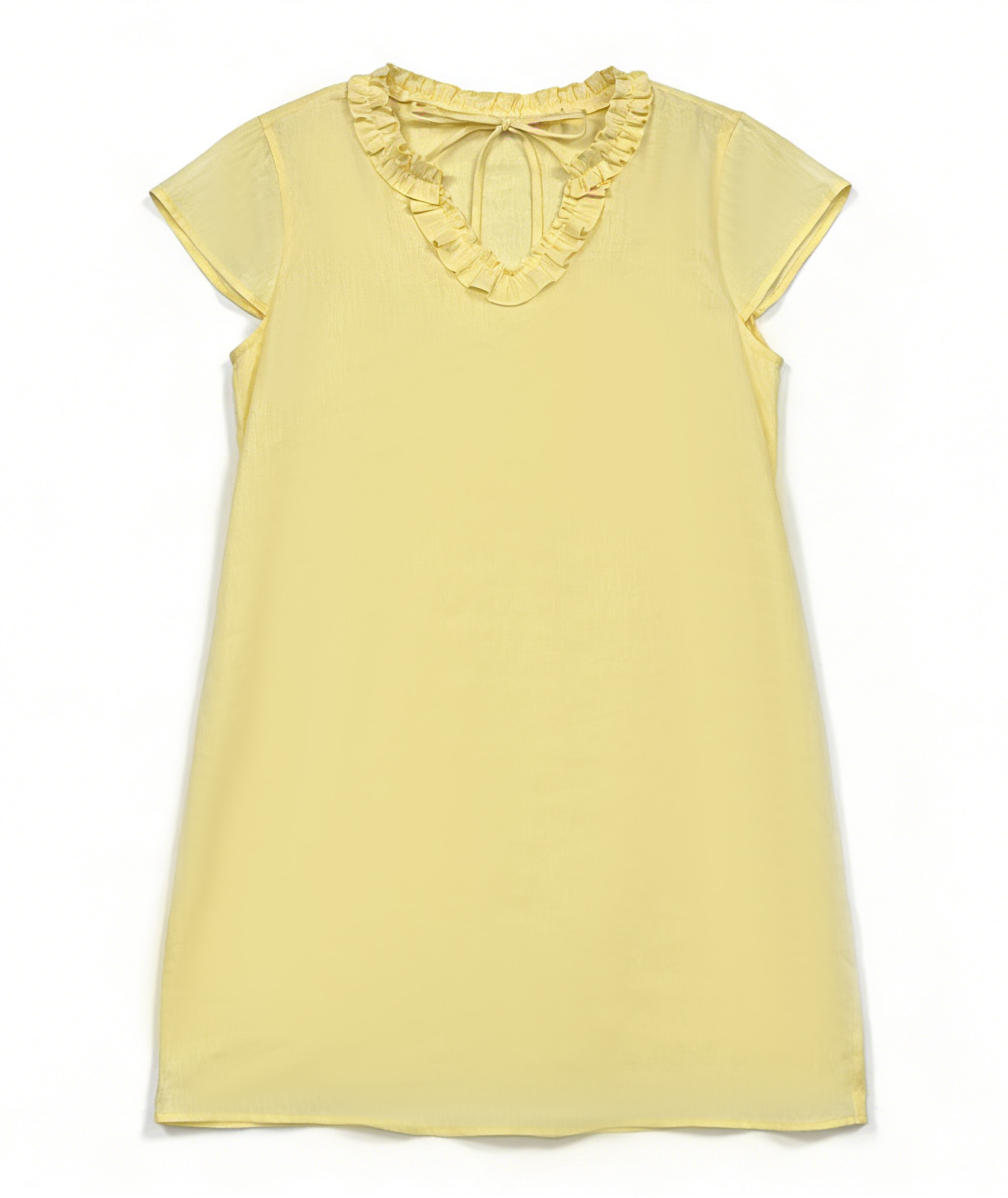  Butter Yellow Linen Ruffled Neckline Resort Tunic A-42554