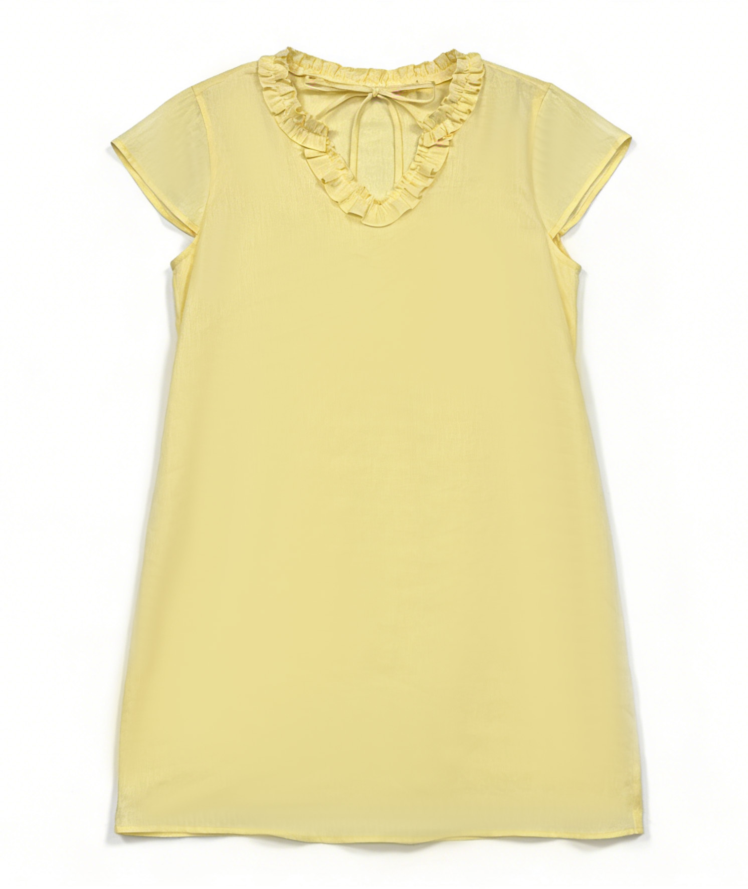 Butter Yellow Linen Ruffled Neckline Resort Tunic A-42554
