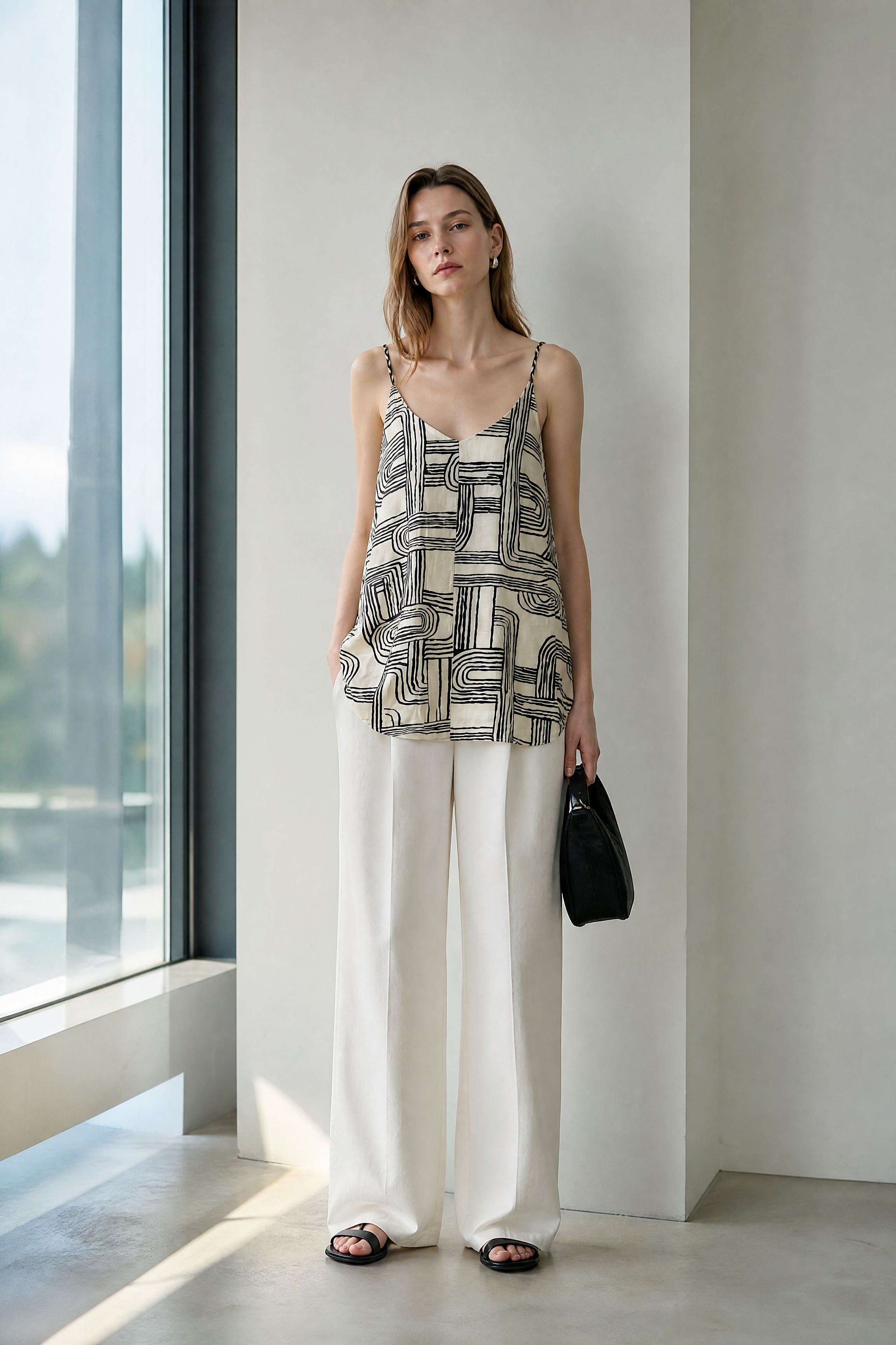 Women’s Geometric Print Spaghetti Strap Cami Top with Ruffle Hem 28011