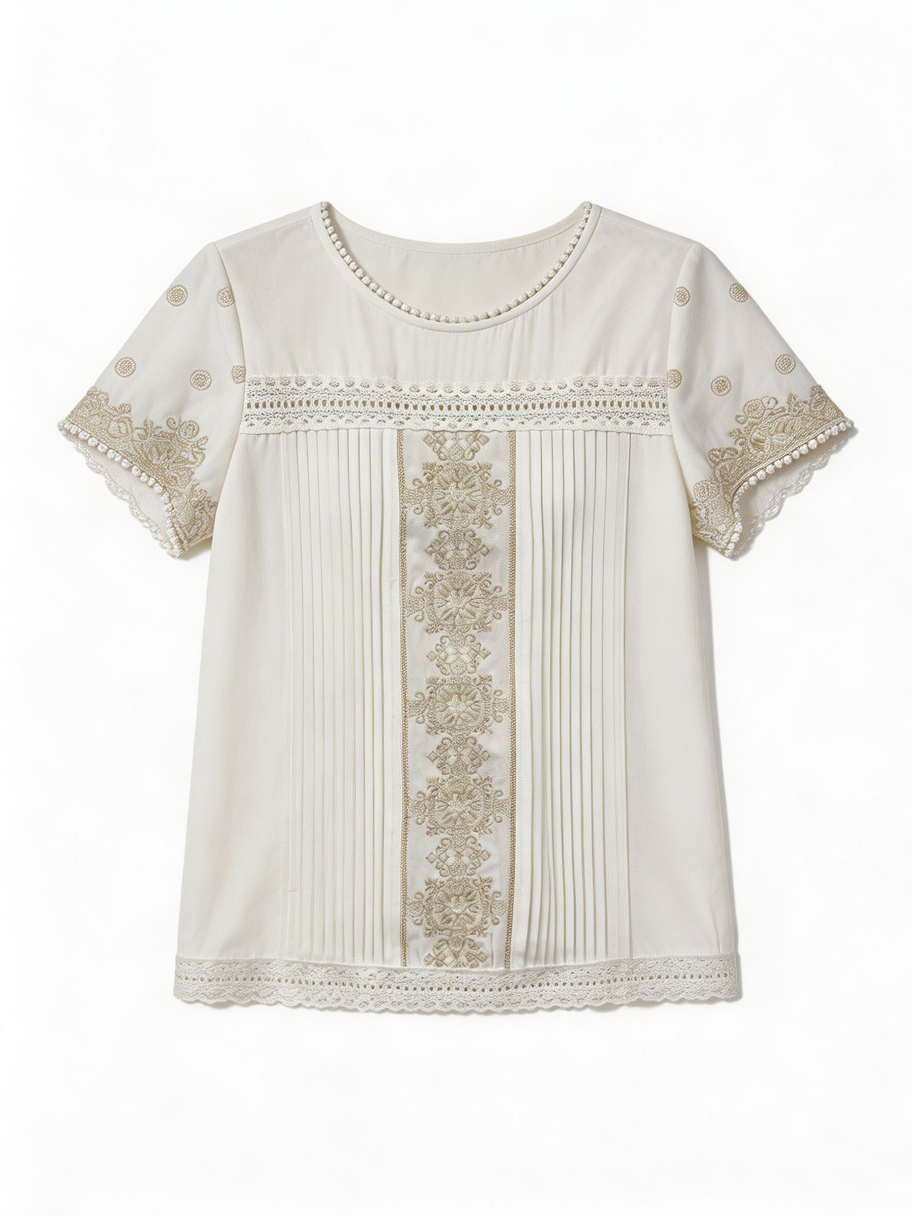 Boho Crochet Lace Insert Blouse Elegant Short Sleeve Embroidered Cotton Top AN-261051