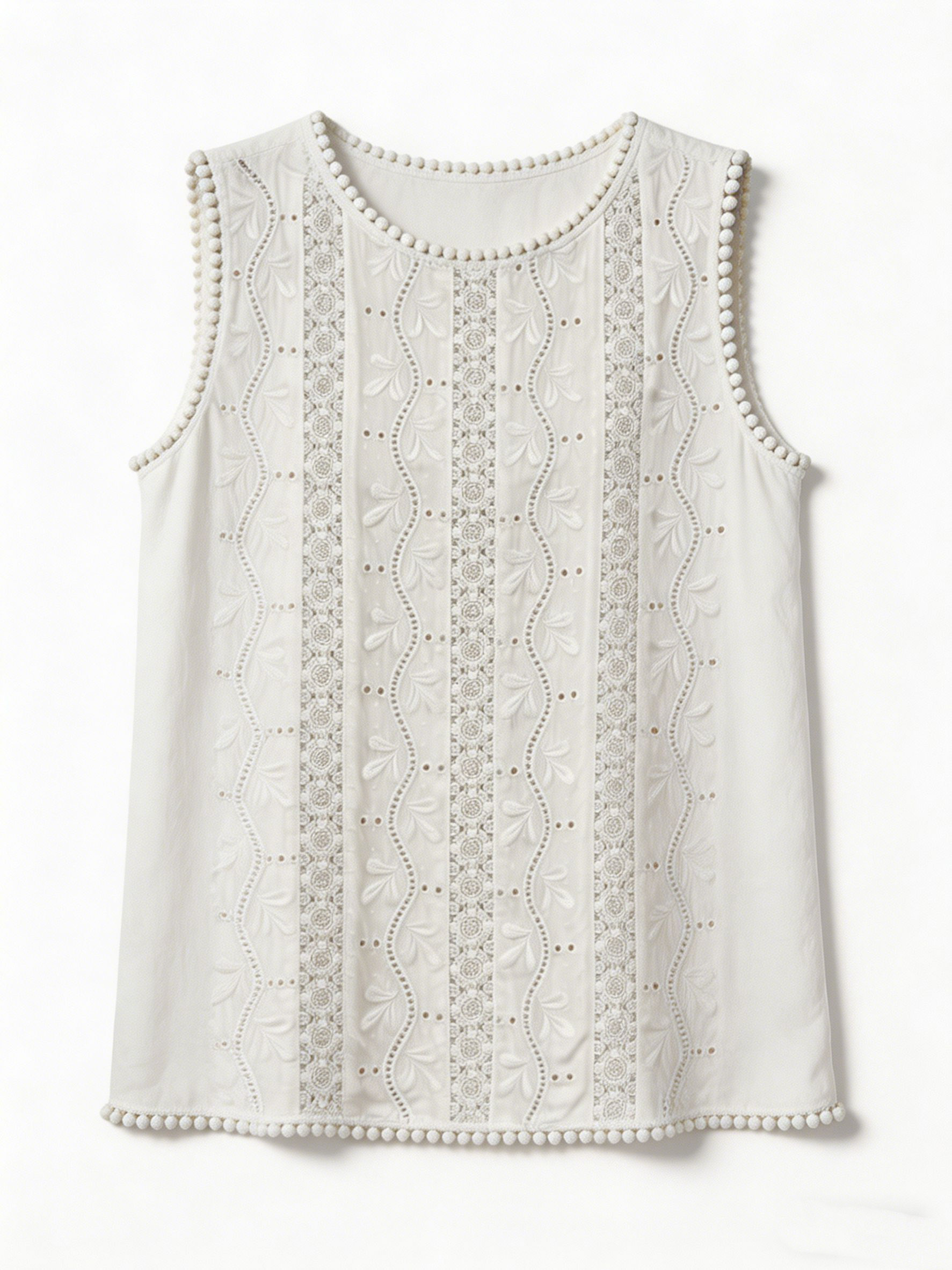 Heavy Lace Insert Sleeveless Top Victorian Inspired White Eyelet Summer Blouse P-27090