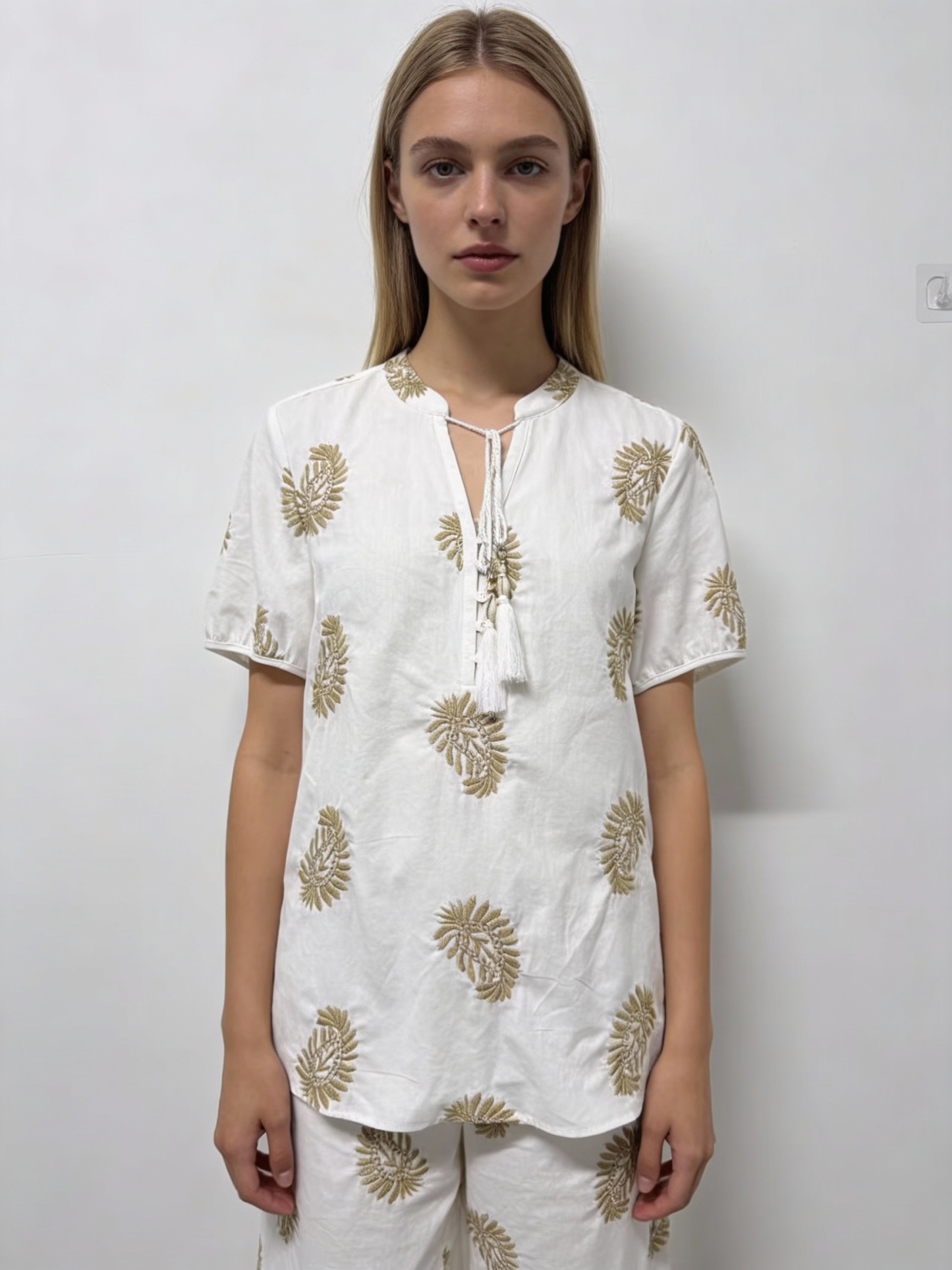 Women’s Boho Embroidered Tassel Tie Linen-Look Summer Blouse D-42254