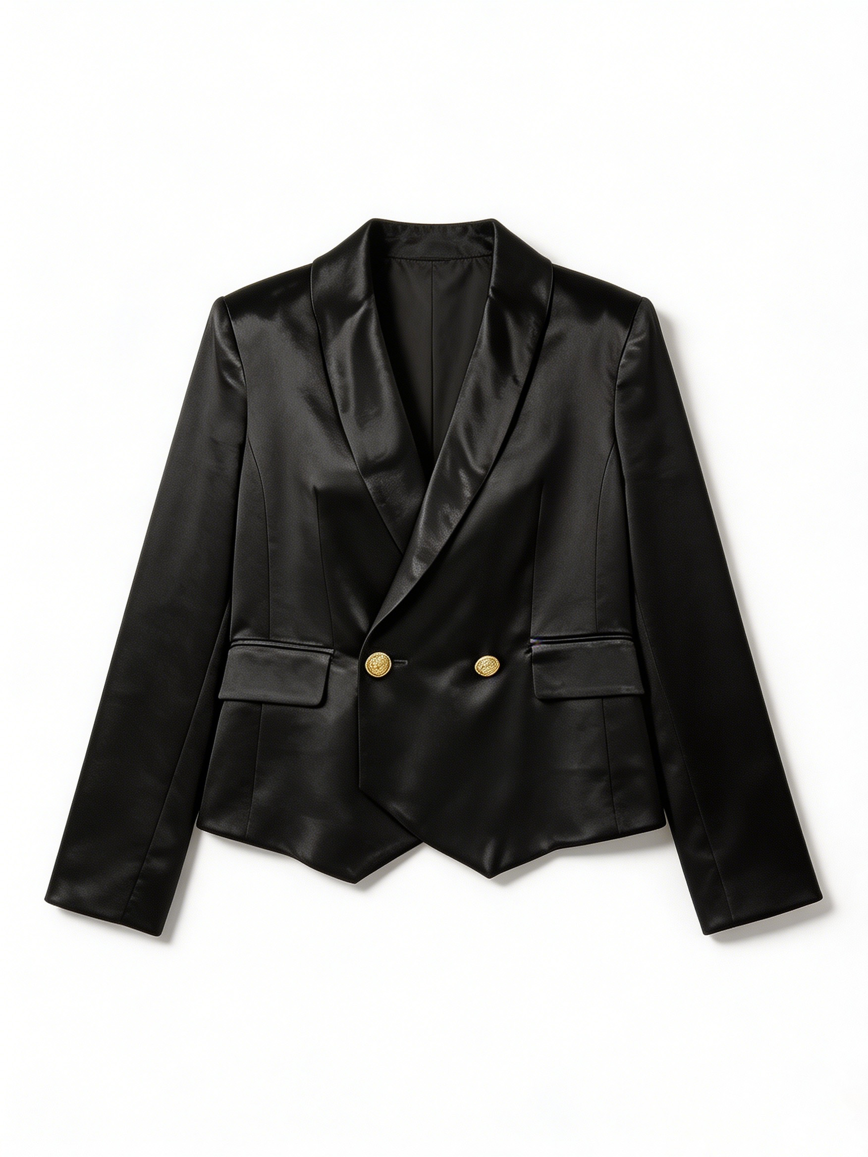 Satin Tuxedo Blazer – Gold Button Elegant Evening Suit Jacket 26326