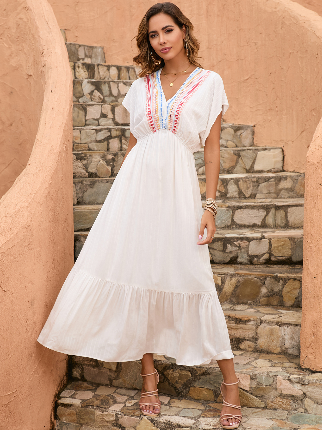 Women’s Boho Embroidered V-Neck White Resort Midi Dress D-35270