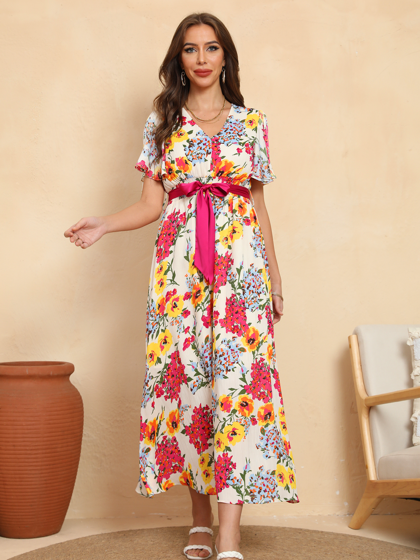Women’s Bold Floral V-Neck Waist Tie Midi Dress D-34792