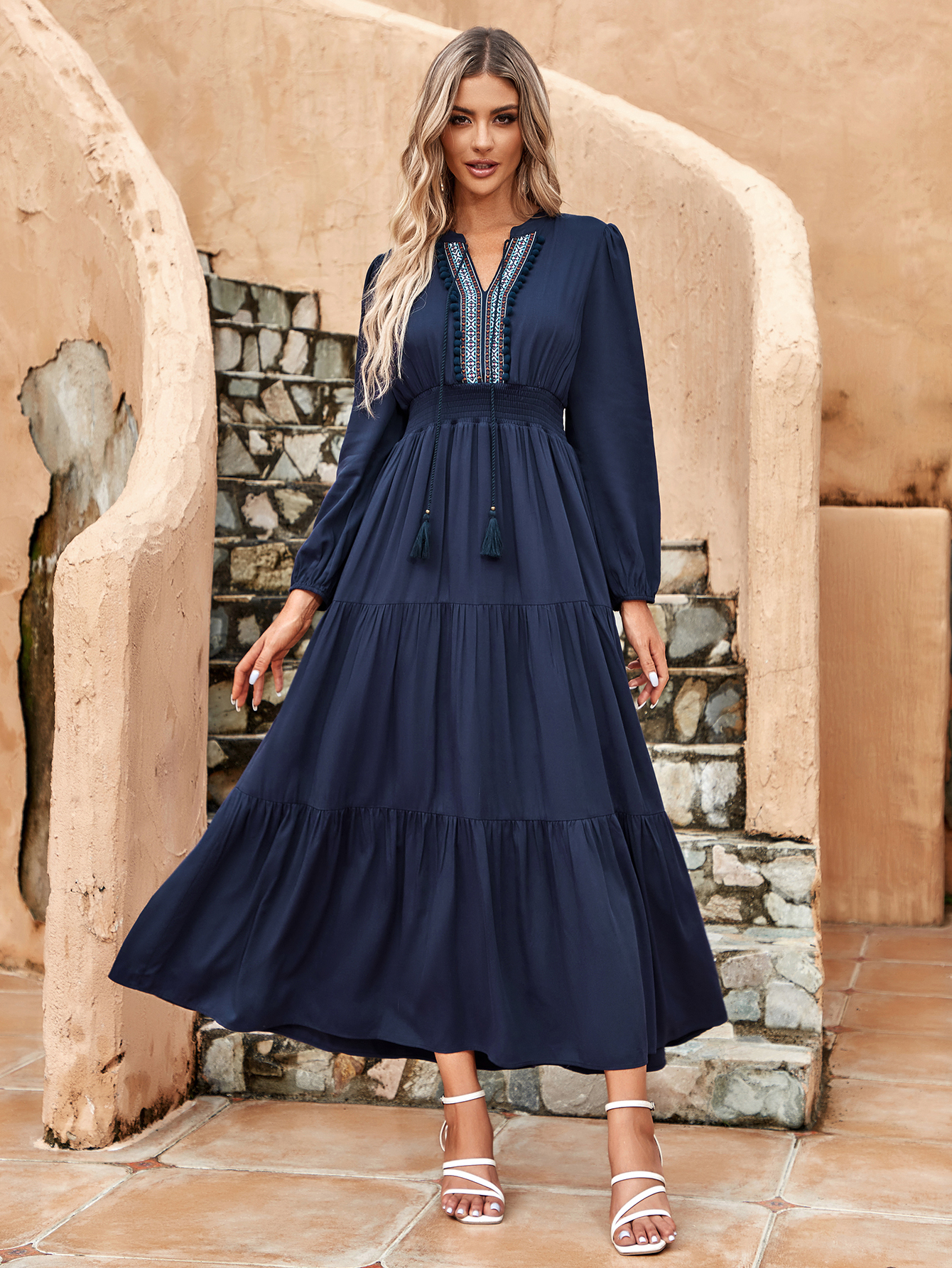 Women’s Boho Embroidered Tassel Tie Maxi Dress D-36050