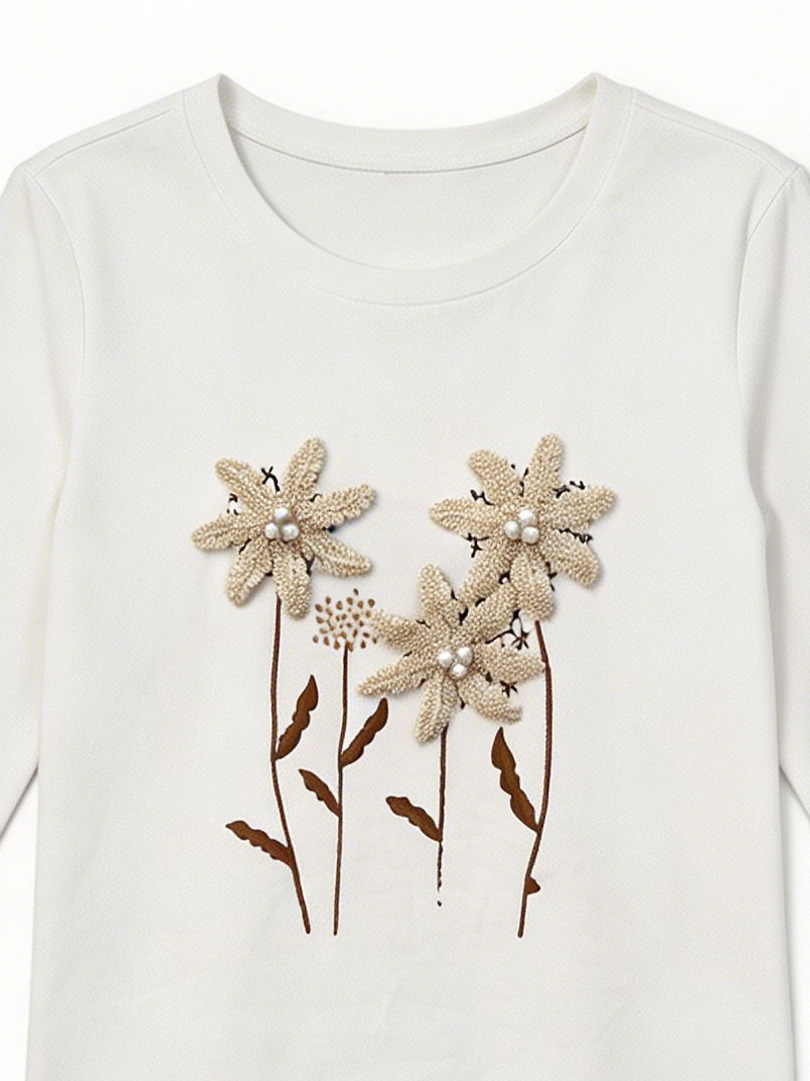 Women’s 3D Floral Pearl Detail Long Sleeve Tee M-43254-1