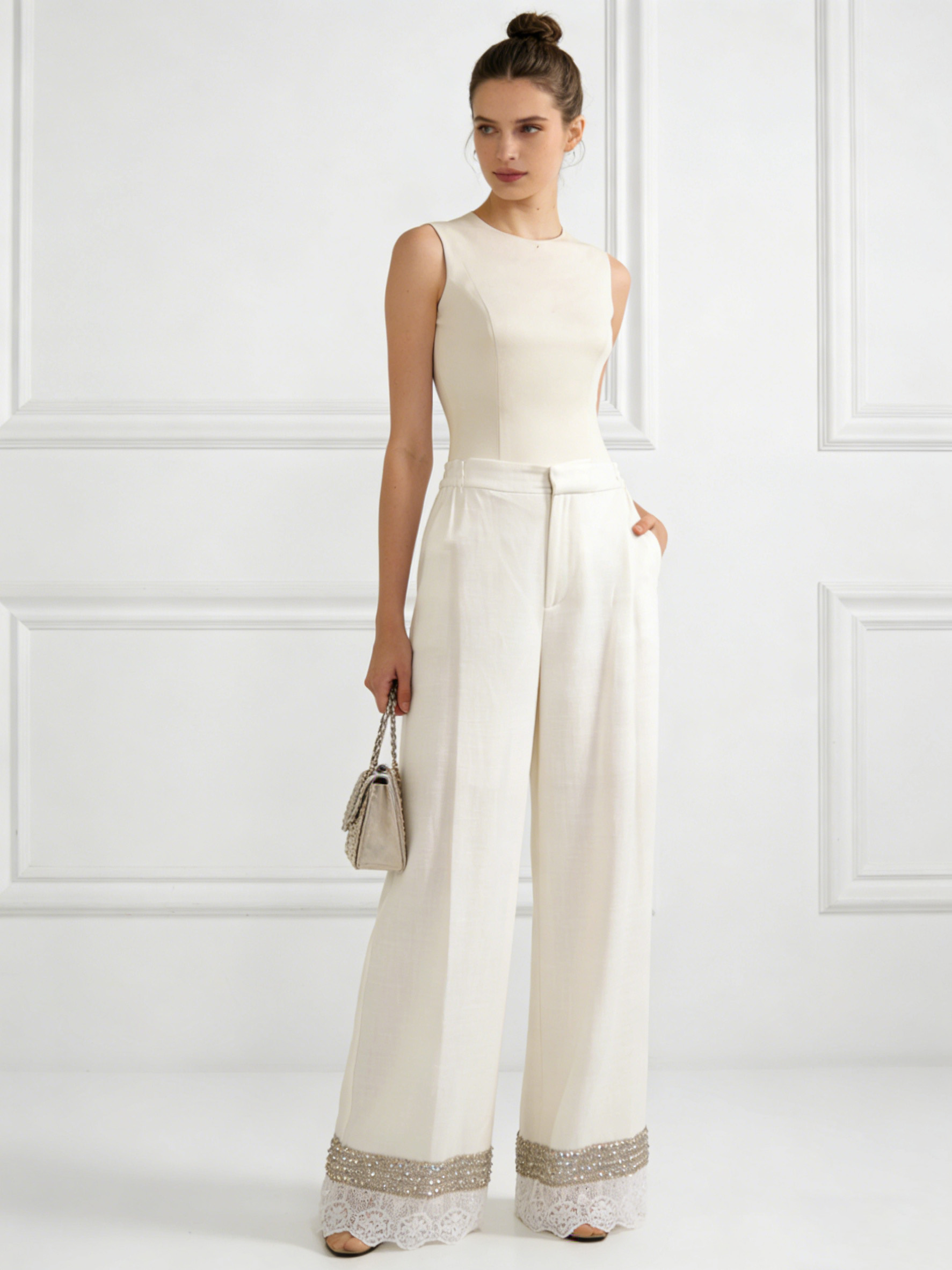 White Linen-Blend Wide Leg Pants with Beaded Lace Trim - Elegant Trousers W-40484