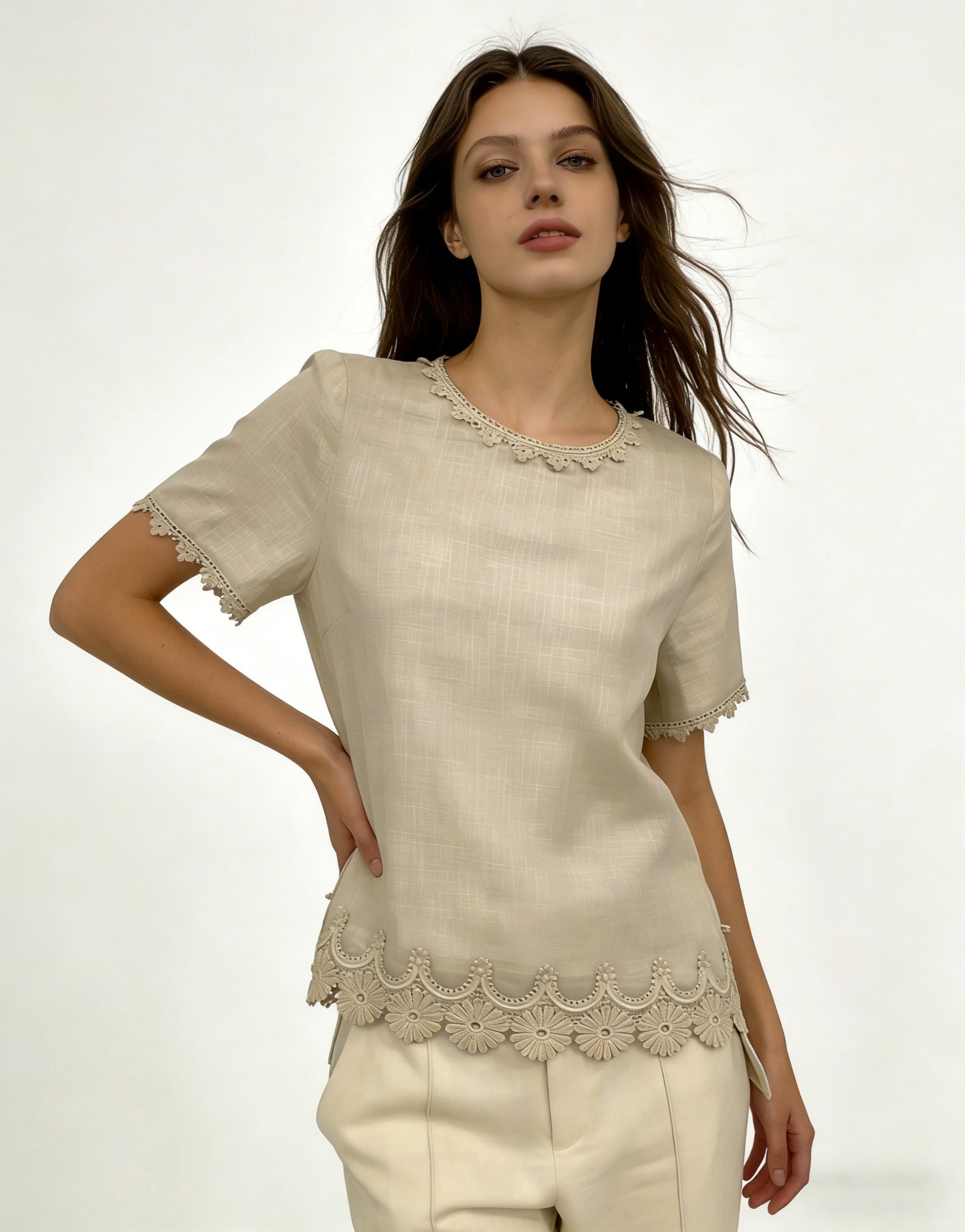 Women’s Boho Crochet Trim Linen Look Short Sleeve Top M-42312
