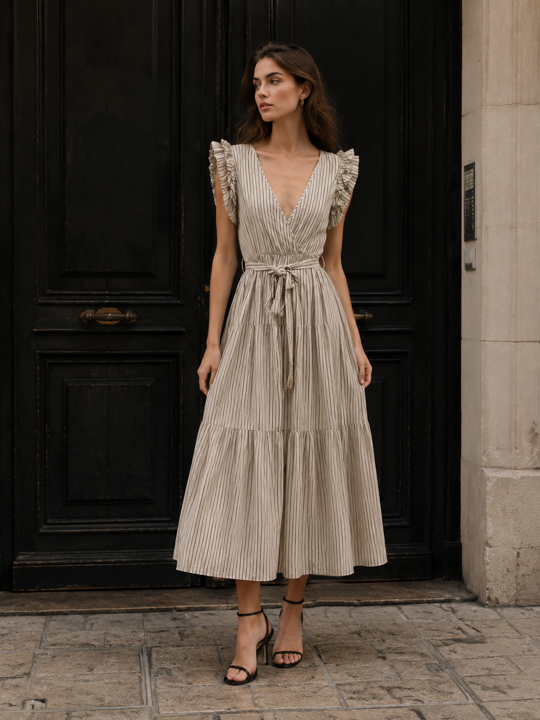 French Riviera Style Striped Ruffle Dress - V  Y-40613