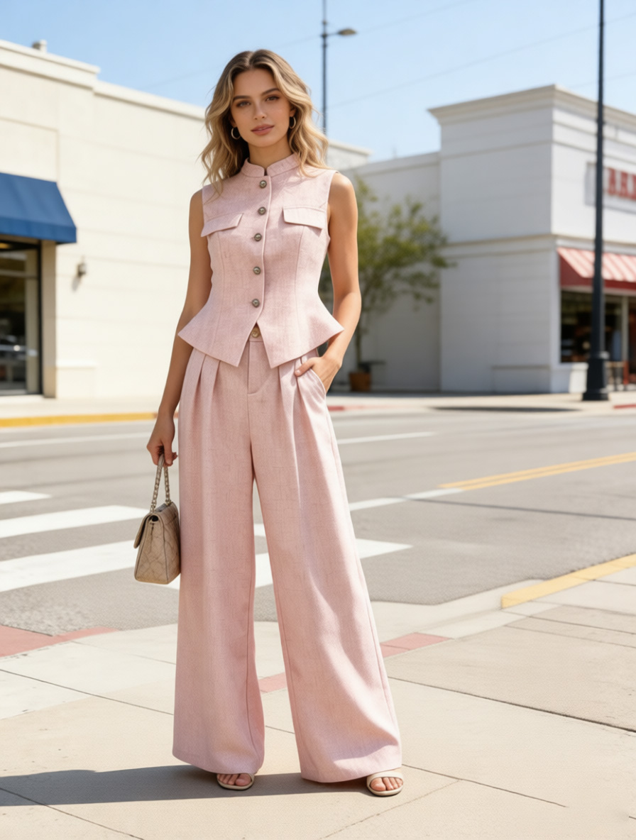 Pink Linen-Blend Mandarin Collar Vest Wide Leg Pants Set - Office 2 Piece Outfit V-C41196