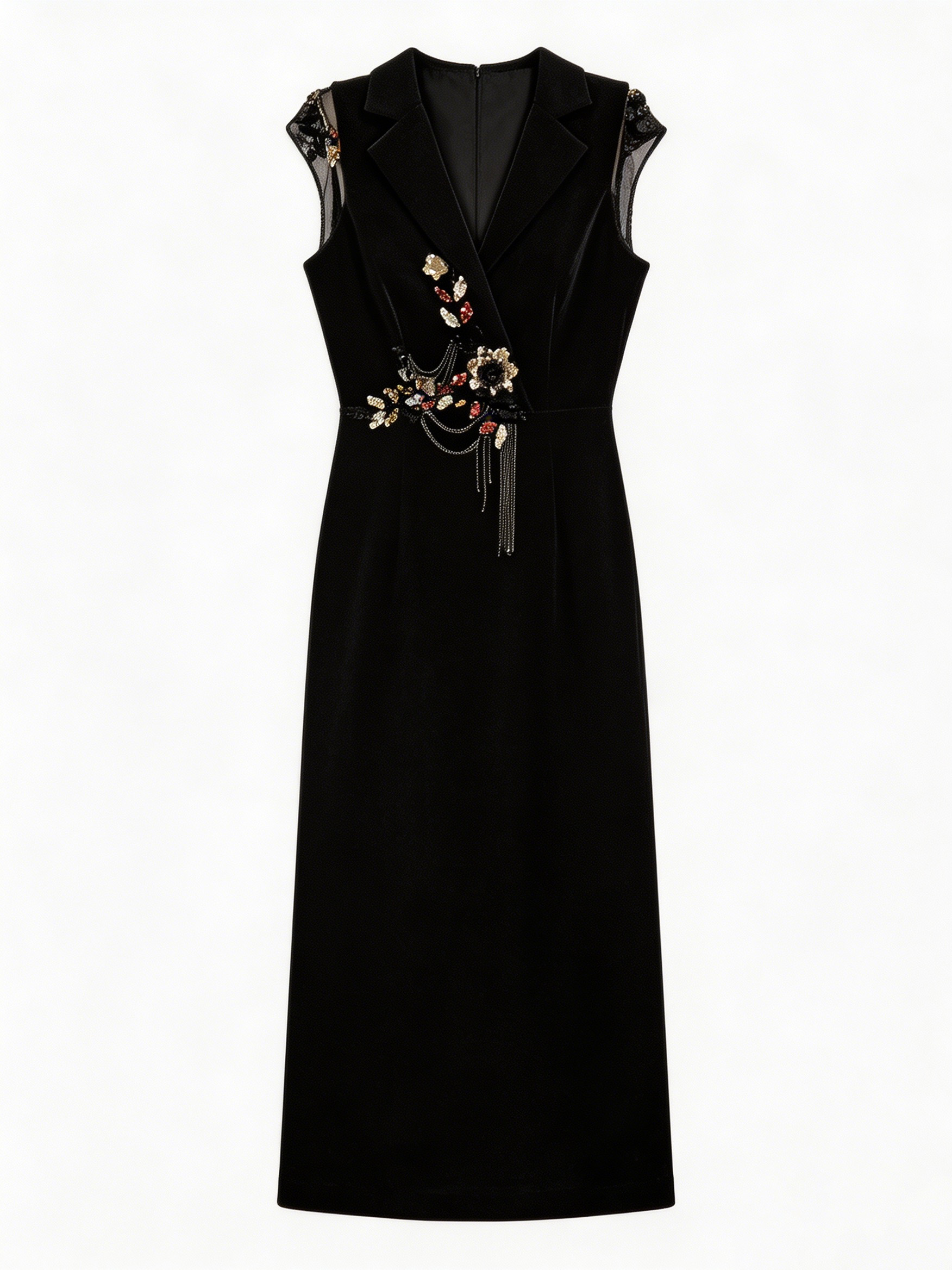 Black Velvet Embellished V-Neck Midi Dress YL221002