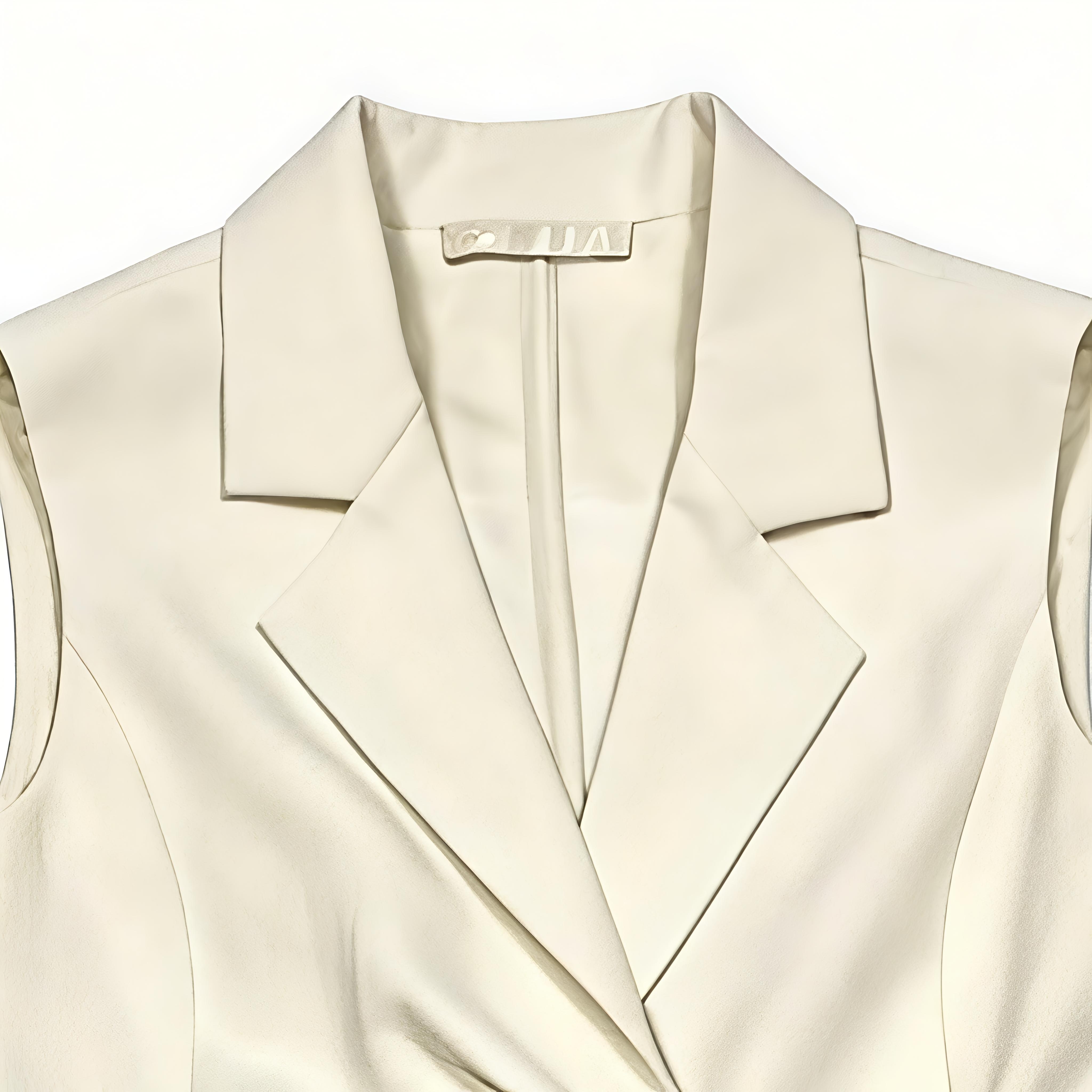 Cream White Sleeveless Blazer Vest Wide Leg Pants Set - Tie Waist Two Piece Outfit C-41320+C-41321