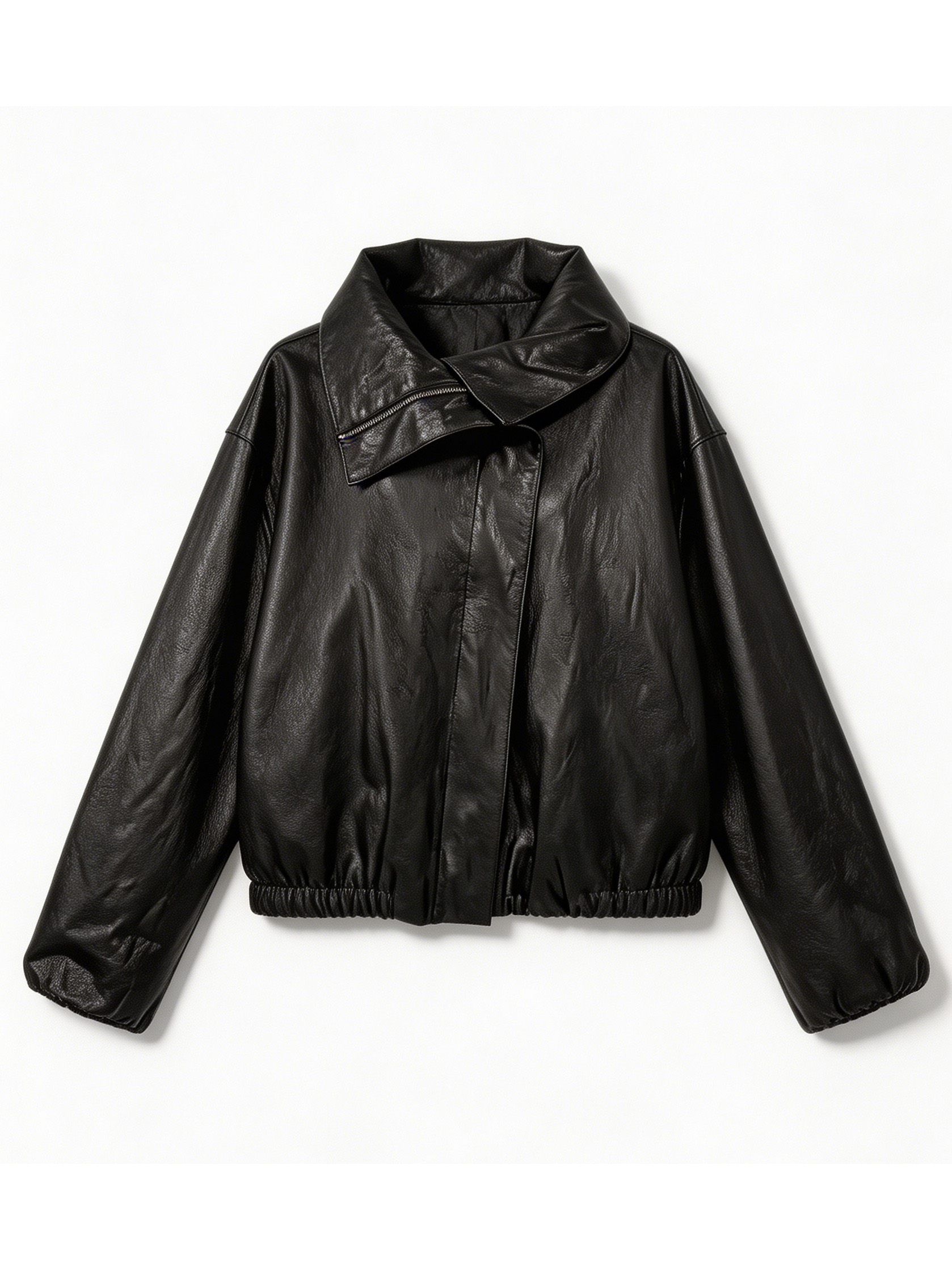 Black Faux Leather Oversized Cropped Jacket - High Neck Biker Jacket 57671